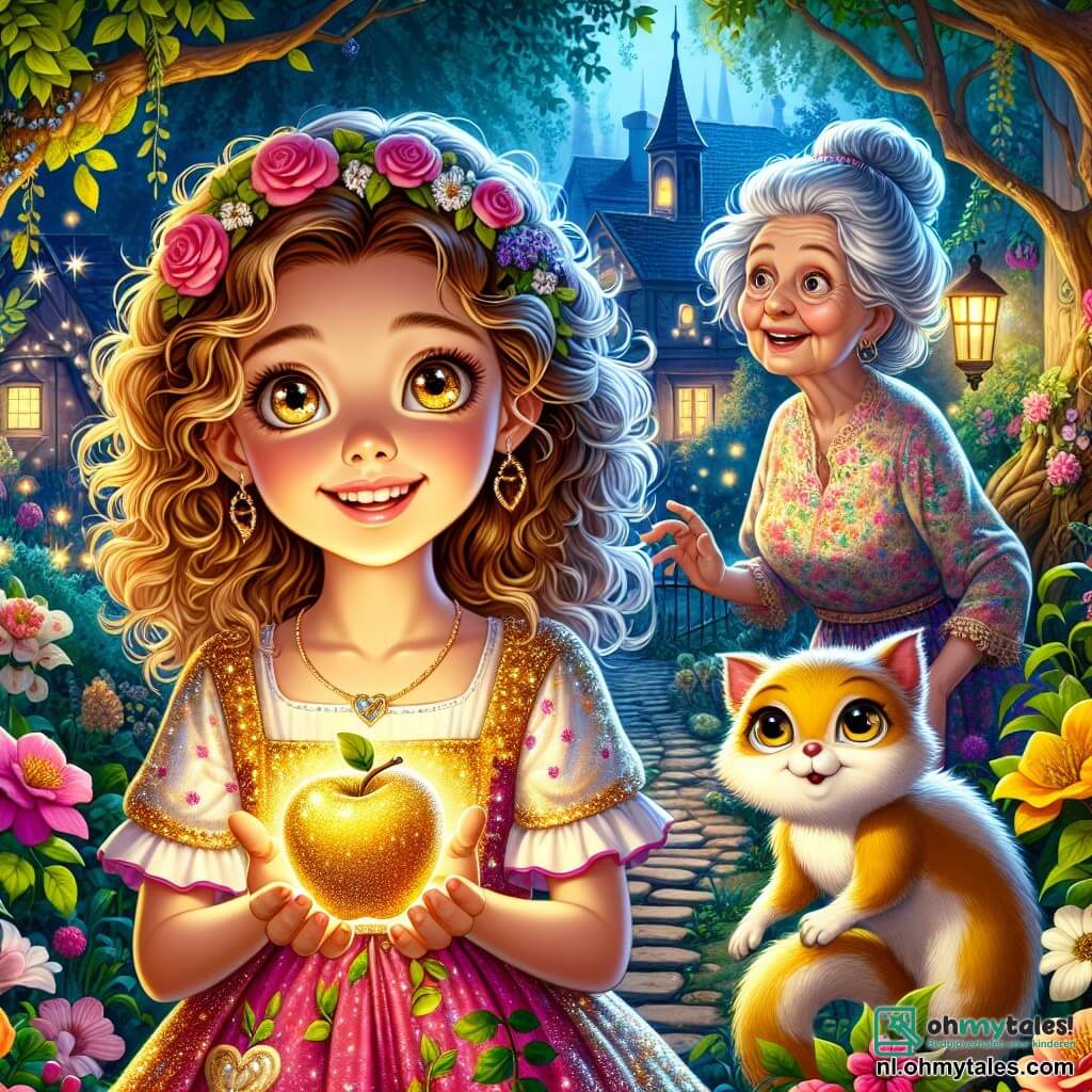 Een 12-jarig meisje met krullend kastanjebruin haar en sprankelende ogen staat in het midden van de afbeelding, terwijl ze een glanzende gouden appel vasthoudt. Ze draagt een kleurrijke jurk met bloemen, en haar gezicht straalt verwondering en geluk uit. Naast haar staat haar grootmoeder, een oudere vrouw met een warme glimlach en zilvergrijs haar, gekleed in een bloemenjurk, die haar een geheim pad in de tuin laat zien. Een klein niffler, een schattig dier met zachte vacht en grote nieuwsgierige ogen, zit op de schouder van het meisje en kijkt om zich heen met een ondeugende uitdrukking. De locatie is een prachtige betoverde tuin, vol met stralende bloemen in levendige kleuren, kronkelige paden omzoomd met weelderige struiken, en een oude mysterieuze put in het midden, omgeven door het gouden licht van de ondergang. De hoofdscène toont het verwonderde meisje dat een magische wereld ontdekt, met fantastische elementen om haar heen, zoals dansende bloemen en glanzende vruchten, terwijl ze een speciaal moment deelt met haar grootmoeder en haar nieuwe vriend, de niffler.
