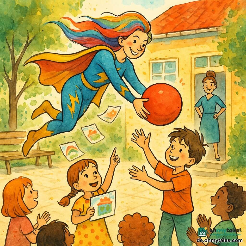 Eine lächelnde, energiegeladene und beruhigende Heldin in glänzendem blauem Kostüm mit gelben Blitzmustern, Regenbogenhaare im Wind, reicht vom Schuldach einen großen roten Ballon an ein Kind; ein etwa 7‑jähriger Junge (Emil) mit zerzausten braunen Haaren, glücklichem und erleichtertem Gesicht, Arme ausgestreckt, steht im sonnigen Schulhof nahe einer Holzbank; ein etwa 6‑jähriges Mädchen (Mia) mit zwei Zöpfen und gepunktetem Kleid, staunendem Blick, hält eine bunte Zeichnung und zeigt vom Kreis der Kinder zum Dach; eine lächelnde Lehrerin mit Dutt und Händen in den Hüften sieht von der Schuleingangstür zu; heller gepflasterter Hof, grüne Bäume mit bewegten Blättern, Holzbanken, einige bunte Papierzeichnungen treiben sanft in der Luft; Hauptsituation: die Supermama steigt leicht vom Dach, um Emil den Ballon zu geben, die Kinder klatschen, fröhliche und sichere Stimmung, leuchtende Farben, weiche Tuschelinien und Aquarellverwaschung.