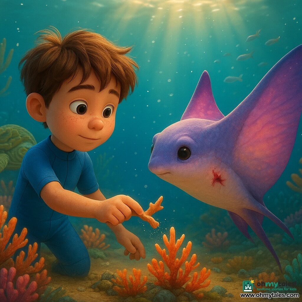 An 8-year-old boy, brave and wide-eyed, round face with freckles and tousled brown hair, wearing a small blue wetsuit, holds a smooth stick and reaches out to remove a sharp piece of coral with a focused, gentle expression; a large colorful marine kite—a living kite-shaped creature with wide pearlescent purple and pink wings and soft black eyes—is injured near a rock and turns slightly toward the boy in gratitude; an old wise sea turtle with a green shell and ochre patterns swims calmly in the background left, watching kindly; the setting is a bright underwater reef with orange, pink and turquoise fan corals, swaying seagrass, schools of small silver fish, golden light rays filtering from the surface and rising bubbles; main action centered on the boy gently freeing the kite from the coral, slow precise movements and rising sand creating a warm, magical atmosphere.