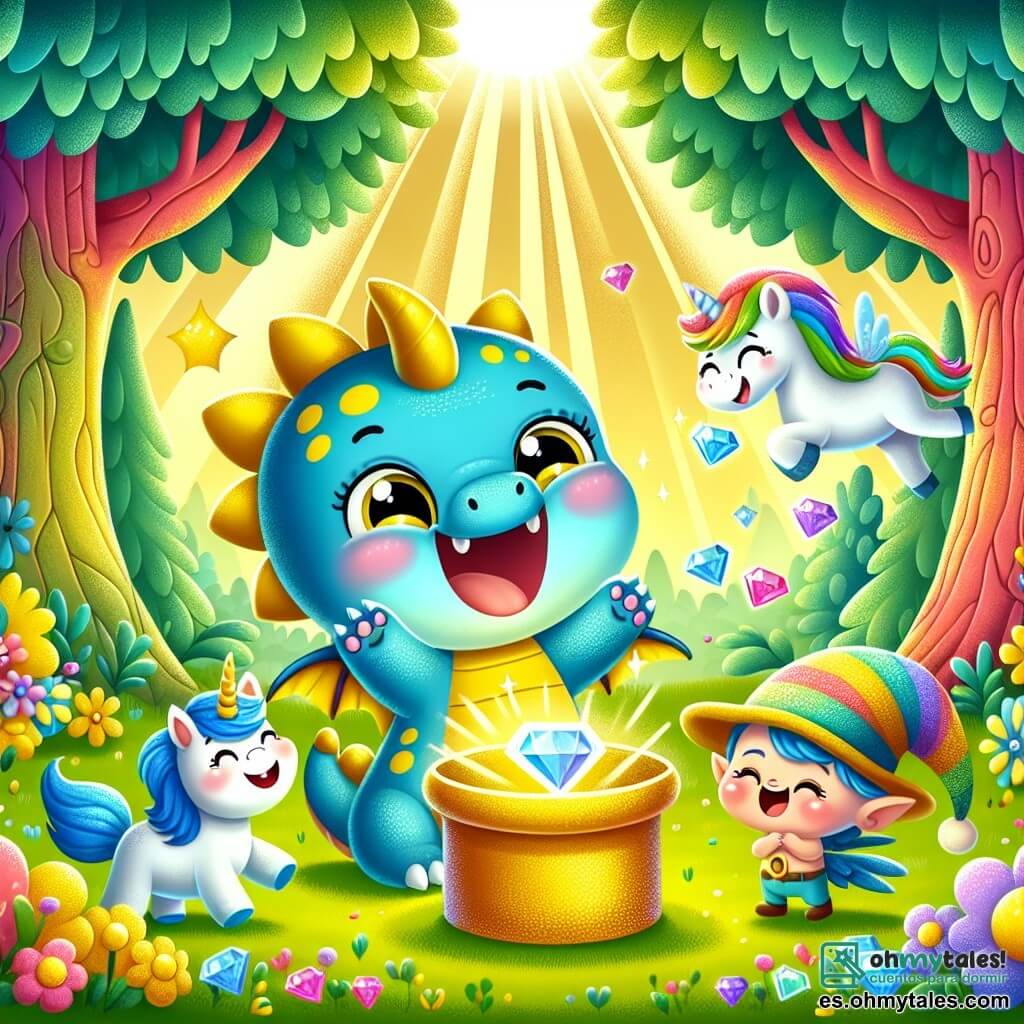 Ilustración que representa a un pequeño dragón azul con manchas amarillas, ojos chispeantes de malicia y una amplia sonrisa, saltando de alegría en un claro del bosque. Junto a él, un unicornio con un cuerno torcido y crines multicolores, que muestra una expresión de asombro, levantando una pata delantera como si estuviera listo para bailar. Un poco más lejos, un pequeño elfo con un sombrero demasiado grande para él, riendo mientras intenta atrapar su propio sombrero que vuela con el viento. El lugar principal es un claro soleado, rodeado de árboles con troncos coloridos y hojas en forma de corazón, con flores brillantes de todos los colores que bailan al ritmo de una suave brisa. La situación principal muestra al dragón y sus amigos descubriendo una gran caja dorada brillante en el centro del claro, rodeada de piedras preciosas que brillan como estrellas. Burbujas de colores flotan a su alrededor, añadiendo un toque de magia, mientras que los rayos de sol se filtran a través de las ramas, iluminando la escena con una luz cálida y alegre.