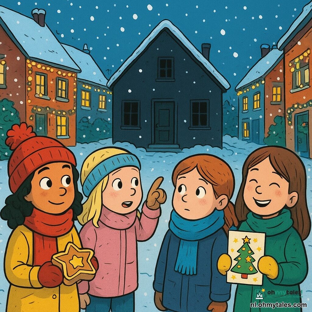 Er zijn 4 kinderen: - Een meisje genaamd Noor, 8 jaar oud, draagt een grote rode sjaal en een grote pompon op haar hoofd, ze houdt een doos stervormige koekjes vast. - Een meisje genaamd Lotte, 8 jaar oud, heeft blond haar en draagt wanten met een klein gaatje, ze wijst naar het huis voor haar. - Een meisje genaamd Mila, 8 jaar oud, heeft een blauwe sjaal en rode wangen van de kou, ze kijkt nieuwsgierig naar het huis. - Een meisje genaamd Sara, 8 jaar oud, heeft bruin haar en glimlacht met haar ogen, ze houdt een kleurrijke wenskaart vast. De locatie is een met sneeuw bedekte straat, omzoomd met huizen versierd met fonkelende kerstverlichting. Het huis in het midden van de afbeelding is donker en zonder decoratie, in contrast met de andere verlichte huizen. De hoofdsituatie toont de vier meisjes die voor het donkere huis van meneer Daan staan, kerstkoekjes en een wenskaart aanbieden. De sfeer is warm ondanks de kou, met sneeuwvlokken die zachtjes om hen heen vallen en kerstverlichting die de scène verlicht.
