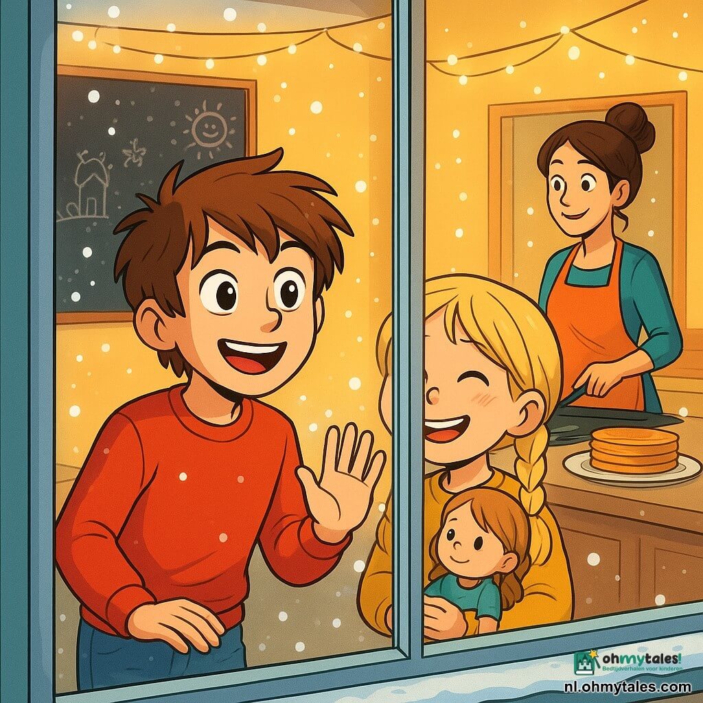 Een 10-jarig jongetje, Lucas, met warrig kastanjebruin haar en nieuwsgierige ogen, staat voor een beslagen raam. Hij draagt een felrode trui en een spijkerbroek, zijn gezicht straalt van verwondering en vreugde terwijl hij de zacht vallende sneeuwvlokken bewondert. Naast hem staat zijn 6-jarige zusje Noor, met blonde vlechten en een stralende glimlach, die haar neus tegen het glas drukt, met rozige wangen van de kou en een pop in haar armen. Hun moeder, een glimlachende vrouw met bruin haar in een knot, is in de achtergrond in de keuken bezig met het maken van pannenkoeken, terwijl een zoete chocoladelucht in de lucht hangt. De scène speelt zich af in een warme gezinskeuken, met pastelgele muren, een groot schoolbord vol kindertekeningen en zachtjes twinkelende lichtslingers. Lucas en Noor kijken verwonderd naar de sneeuwvlokken die de tuin bedekken, waardoor de buitenwereld in een feeëriek landschap verandert, terwijl het gouden licht van de keuken een warme en uitnodigende sfeer creëert, in contrast met de winterkou buiten.