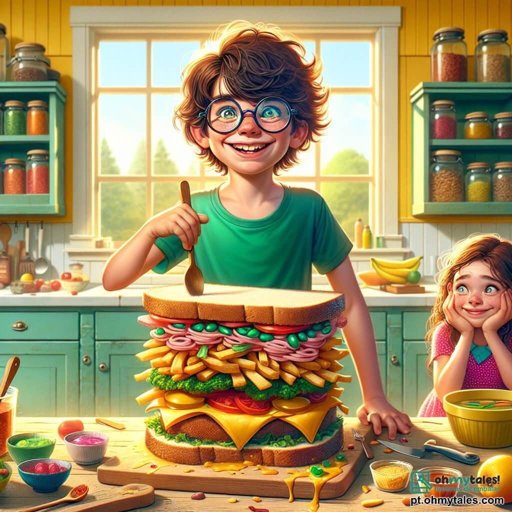 Um menino de 8 anos, chamado Joãozinho, com cabelos castanhos bagunçados e óculos redondos, está em pé diante de uma imensa mesa de cozinha. Seu rosto brilha com um sorriso entusiasmado e seus olhos refletem determinação. Ele usa uma camiseta verde vibrante e um short azul, segurando um grande sanduíche colorido, cheio de ingredientes estranhos, com uma mão. Ao lado dele, sua irmãzinha, Maria, de 6 anos, com cabelos longos e cacheados, veste um vestido rosa de bolinhas. Ela observa o sanduíche com olhos arregalados, fascinada pela criação do irmão, segurando uma colher de pau, pronta para ajudar. A cena ocorre em uma cozinha iluminada e acolhedora, com paredes amarelas e janelas abertas que deixam entrar a luz do sol. Frascos de especiarias coloridas e frutas frescas estão dispostos sobre a bancada, trazendo um toque de alegria ao ambiente. Joãozinho está montando o maior sanduíche do mundo, empilhando camadas de batata frita, sorvete de feijão e geléia de chiclete, enquanto risadas e gritos alegres ecoam no ambiente, criando uma atmosfera de desafio e diversão.