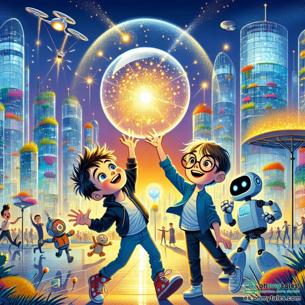 Un niño de 11 años, Lucas, con el cabello despeinado y ojos llenos de curiosidad, se encuentra en el centro de la imagen, sonriendo maravillado mientras toca una esfera brillante que emite destellos de luz. A su derecha, su mejor amigo Tomas, también de 11 años, con cabello castaño y gafas redondas, observa emocionado, con los brazos levantados en señal de victoria, mientras un robot amistoso, con una cara sonriente y brazos articulados, los observa con interés. El escenario es una ciudad futurista, Neotropolis, con edificios de vidrio reluciente adornados con jardines verticales coloridos y paneles solares brillantes. Drones y vehículos flotantes se deslizan silenciosamente por el aire, añadiendo un toque mágico al entorno. Lucas y Tomas, asombrados, descubren la esfera misteriosa que los ha transportado a esta increíble ciudad, listos para vivir una aventura inolvidable.
