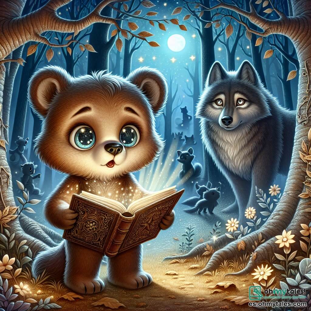 Ilustración que representa a un joven oso curioso, con pelaje marrón y ojos brillantes de emoción, que sostiene un libro antiguo abierto frente a él. Parece asombrado y ligeramente inquieto, con las orejas erguidas y la boca entreabierta, como si hubiera descubierto un secreto increíble. A su lado, un lobo majestuoso, con pelaje gris plateado y ojos brillantes, observa atentamente el libro. Su expresión es tanto intrigante como melancólica, como si recordara recuerdos lejanos. Se mantiene ligeramente al margen, listo para escuchar al oso. El lugar principal es un claro encantado, bañado por la luz de la luna, rodeado de árboles con troncos retorcidos y flores luminosas que parecen bailar al viento. El suelo está cubierto de hojas doradas, y una ligera niebla flota a su alrededor, añadiendo un toque de misterio a la atmósfera. La situación principal muestra al oso y al lobo descubriendo juntos el libro antiguo, sumergidos en una historia aterradora que cobra vida a su alrededor. Sombras bailan entre los árboles, y siluetas misteriosas parecen observarlos, creando una atmósfera cautivadora y ligeramente inquietante. Otros elementos gráficos incluyen estrellas centelleantes en el cielo nocturno, destellos de luz que emanan del libro, y siluetas de animales curiosos que se esconden detrás de los árboles, listos para escuchar las historias que se desarrollan en este claro mágico.
