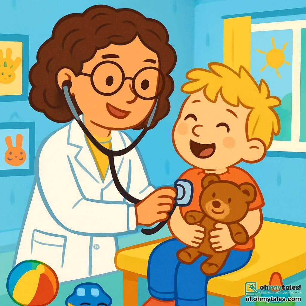 Een glimlachende dokter, dokter Lotta, is een vrouw van ongeveer dertig jaar met krullend bruin haar en ronde bril. Ze draagt een stralend witte doktersjas en een stethoscoop om haar nek, terwijl ze aandachtig het hart van een klein jongetje beluistert. Het jongetje, 5 jaar oud, heeft rommelig blond haar en een blije uitstraling. Hij zit op een onderzoekstafel en houdt een knuffelbeer vast. De ruimte is een lichte en kleurrijke ziekenhuiskamer, met pastelblauwe muren en tekeningen van glimlachende dieren. Speelgoed ligt verspreid over de vloer en een groot raam laat zonlicht binnen. De belangrijkste situatie toont dokter Lotta die het jongetje geruststelt, terwijl ze hem teder glimlacht en hij lacht terwijl hij zijn hartslag hoort.