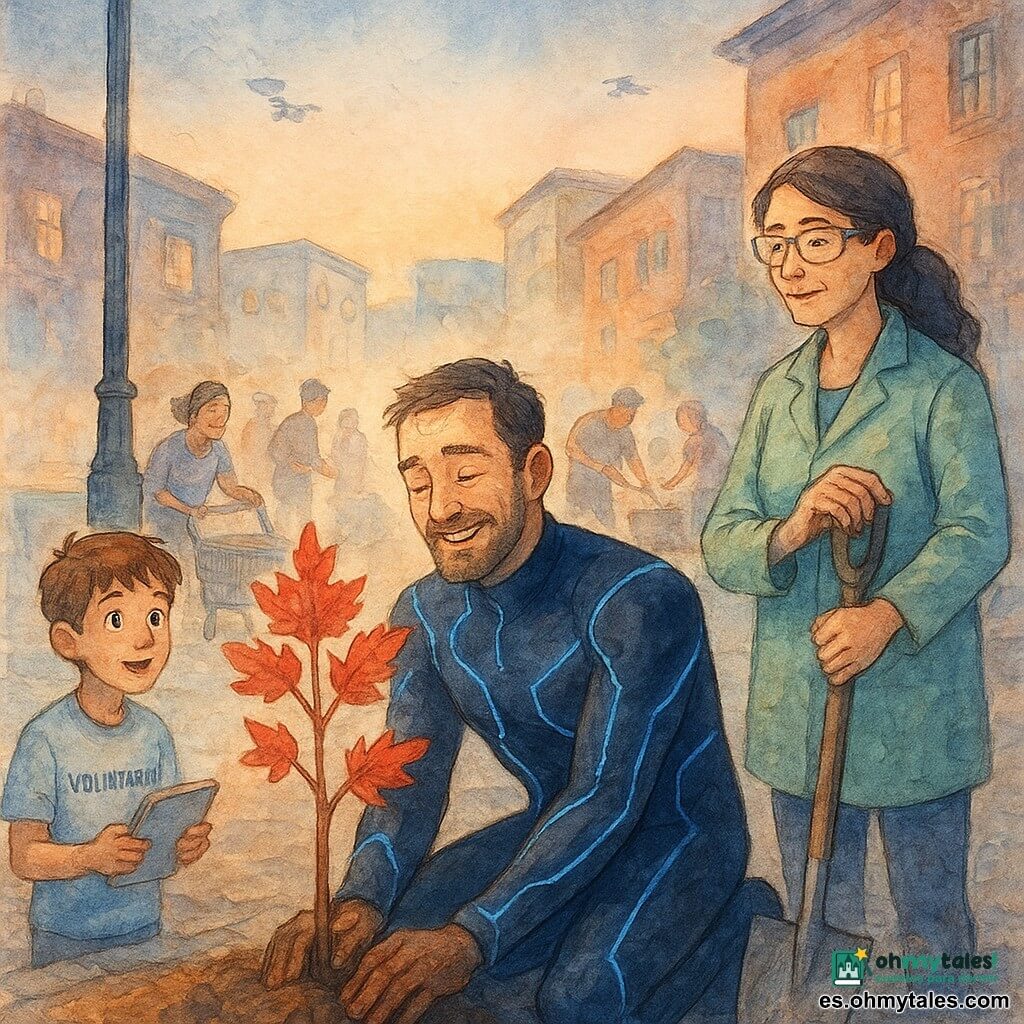 Un hombre, el Capitán Retícula, de rodillas, aliviado y sonriente, rasgos algo cansados, barba corta bien cuidada, traje negro con azul eléctrico y finas líneas luminosas, manos polvorientas, plantando un joven arce de hojas rojizas; a su derecha, la doctora Marea Quintero, 35–45 años, chaqueta de bata verde, gafas de protección, expresión serena y orgullosa, con una pala, mirándolo con aprobación; a la izquierda, un niño voluntario de unos 11 años, cabello corto castaño, ropa de voluntario y un cuaderno abierto, maravillado, junto a una barrera luminosa; al fondo vecinos rellenando la tierra en semicírculo solidario, una mujer con un carrito de la compra sonriendo; escenario en la Avenida del Faro al crepúsculo: calzada ancha de adoquines, base de farola rota, barreras de seguridad transparentes y drones de vigilancia lejanos, edificios con ventanas iluminadas y murales coloridos; momento: fin de un combate — el cielo muestra una cicatriz ya cerrada y la luz es suave — escena de reparación y unidad, colores cálidos y azules lavados, texturas fluidas y gotas de acuarela visibles, ambiente apacible y optimista.