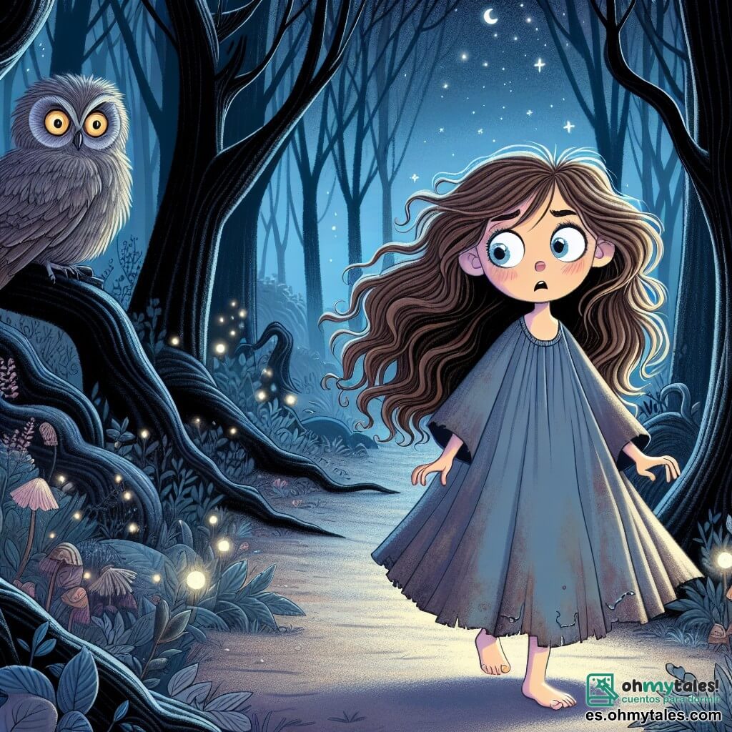 Una niña de 10 años, Lucía, con el cabello castaño desordenado y ojos llenos de curiosidad, se encuentra al borde de un sendero oscuro en el misterioso Bosque de las Sombras. Su rostro expresa tanto miedo como emoción, con mejillas ligeramente sonrojadas y cejas fruncidas. Lleva un vestido azul descolorido, un poco grande para ella, que flota alrededor de sus piernas. Cerca, un viejo búho de plumas grises y ojos amarillos la observa desde una rama, listo para darle consejos. El lugar es un bosque denso, con árboles retorcidos y troncos negros que se elevan hacia un cielo estrellado. Una ligera neblina envuelve el suelo, y flores fosforescentes emiten un suave resplandor, creando una atmósfera mágica y inquietante. Lucía se encuentra ante un cruce de senderos, dudando entre tres caminos: uno cubierto de flores marchitas que susurran su nombre, otro brillante con piedras centelleantes, y el último envuelto en una espesa neblina. Debe elegir su camino, con el corazón acelerado, lista para enfrentar lo desconocido.