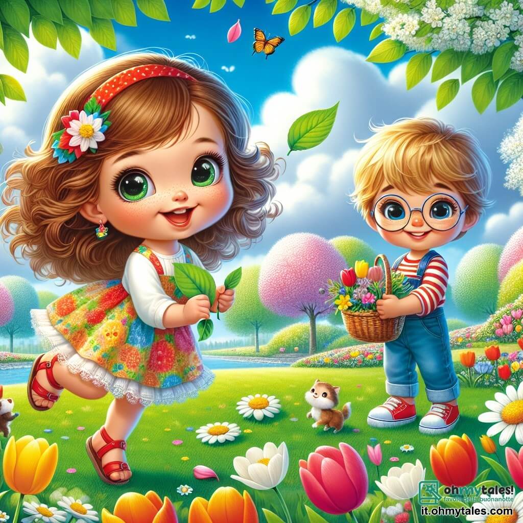 Una bambina di 4 anni, di nome Sofia, con grandi occhi brillanti e capelli ricci castani, indossa un vestito colorato e sandali rossi. È piena di gioia ed eccitazione, saltando sull'erba verde con una foglia fresca in mano. Accanto a lei, un bambino di 5 anni di nome Luca, con capelli biondi e occhiali rotondi, sorride mentre tiene un piccolo cestino pieno di fiori, inclinato in avanti alla ricerca di qualcosa nell'erba. Lo scenario è un parco primaverile vibrante di colori, con alberi in fiore, tulipani e margherite sparse sul terreno, e un cielo blu chiaro punteggiato di nuvole bianche. La scena principale mostra Sofia e Luca in una caccia al tesoro, circondati da fiori brillanti e un'atmosfera gioiosa, simboleggiando la magia della primavera.
