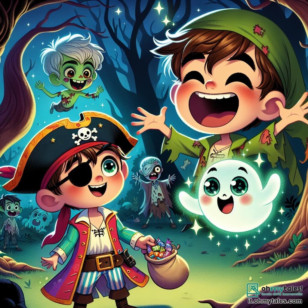 Un ragazzo di 12 anni, di nome Luca, si trova al centro della scena, indossando un costume da pirata colorato, una benda nera sull'occhio e un grande sorriso sul volto, esprimendo sia eccitazione che meraviglia. I suoi capelli castani sono in disordine e tiene un sacco pieno di caramelle in una mano, mentre l'altra mano indica un albero magico. Accanto a lui, un piccolo fantasma amichevole, che fluttua nell'aria, ha un volto sorridente e occhi scintillanti. È traslucido, con bordi leggermente brillanti, e sembra incoraggiare Luca a esplorare di più. Un altro ragazzo, Marco, il migliore amico di Luca, anch'esso di 12 anni, è leggermente in ritardo, vestito da zombie, con trucco verde e vestiti strappati, ridendo e applaudendo l'avventura di Luca. La scena si svolge in una foresta oscura e misteriosa, dove alberi dai tronchi contorti si ergono verso il cielo stellato, le loro foglie argentate brillano alla luce della luna. Ombre danzano attorno a loro, creando un'atmosfera magica e leggermente spaventosa, ma piena di promesse di avventure. Luca scopre un albero maestoso al centro di un bosco, con un grande forziere pieno di caramelle ai suoi piedi. È meravigliato dalla bellezza dell'albero e dall'emozione della sua scoperta, mentre il fantasma lo incoraggia ad avvicinarsi ed esplorare questo tesoro nascosto.