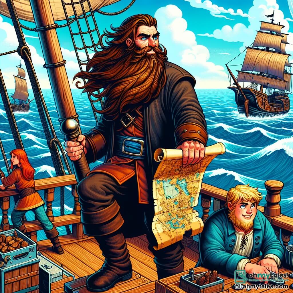 Een man met een verweerd gezicht, Kapitein Stormbaard, staat trots op het dek van zijn schip, de wind laat zijn lange bruine baard wapperen als een zeil. Zijn ogen stralen van opwinding en vastberadenheid terwijl hij de horizon in de gaten houdt met een oude kaart in zijn hand. Naast hem past Finn, een jonge man van ongeveer 20 jaar met een stralende glimlach en messy blond haar, het roer aan met een vermakelijke concentratie. Lola, een robuuste vrouw van een dertig jaar met rood haar en een keukenschort, staat dicht bij de keuken van het schip, klaar om een grap te maken terwijl ze een gerecht bereidt. De achtergrond toont een uitgestrekte blauwe oceaan met witte golven onder een zonnige lucht, terwijl het houten schip met witte zeilen door de golven snijdt. Op de achtergrond is het sinistere schip van Kapitein Brakbek te zien, een zwart schip met gescheurde zeilen, dat snel nadert, klaar om Stormbaard uit te dagen. De belangrijkste situatie toont Kapitein Stormbaard, vastberaden en onverschrokken, klaar om zijn rivaal te confronteren terwijl hij zijn kaart stevig vasthoudt, terwijl zijn vrienden zich voorbereiden om hem te helpen in dit spannende avontuur.