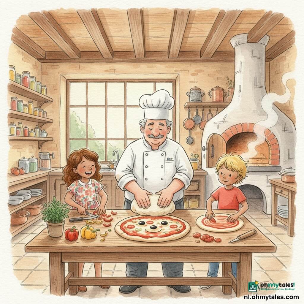Een warme, glimlachende chef Joris met ronde gezicht, grijze snor en hoge witte koksmuts in schone koksbuis kneedt energiek deeg op een grote houten tafel; links Sophie (ongeveer 8) met kastanjebruine krullen en bloemenjurk snijdt paprikareepjes bij een pot verse kruiden, rechts Max (ongeveer 8) met warrig blond haar en rood T-shirt smeert tomatensaus op een ronde bodem. De rustieke keuken heeft houten balken, licht tegelwerk, een grote raam met ochtendlicht, kleurrijke glazen potten en koperen pannen; een oude oven laat stoom ontsnappen. Samen bereiden ze een grote vrolijke pizza met saus, smeltende kaas en olijven als ogen, in een zachte, aquarelachtige sfeer.