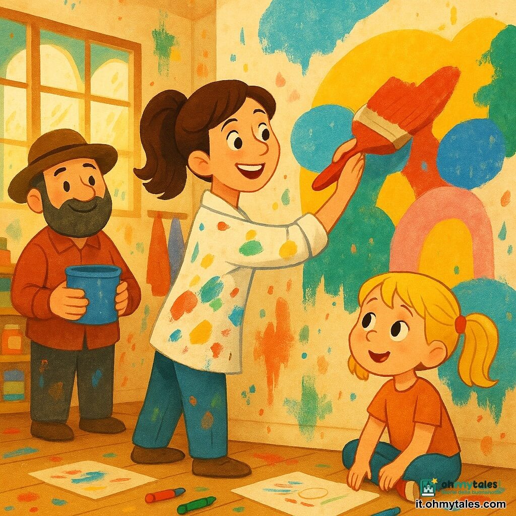 Marta, sorridente e meravigliata, capelli castani raccolti in coda, macchie di pittura sulla camice bianca, dipinge un grande muro con un ampio pennello rosso; un uomo di mezza età, barba folta e cappello tondo, la guarda con benevolenza tenendo un barattolo di vernice blu, a sinistra del muro; una bambina di circa 7 anni, capelli biondi a trecce, osserva affascinata seduta a terra con pastelli e fogli, in primo piano a destra; laboratorio luminoso con grandi finestre, pavimento in legno, scaffali pieni di barattoli di vernice, tessuti colorati appesi e spruzzi di pittura; scena di un murale gioioso pieno di forme rotonde e colori vivaci, altri artisti e bambini sorridenti, atmosfera calda e collaborativa, luce dorata del sole; stile: cartone animato 2D, tratti morbidi, palette luminosa e contrastata, texture visibili di acrilico e pennellate, composizione chiara per bambini.