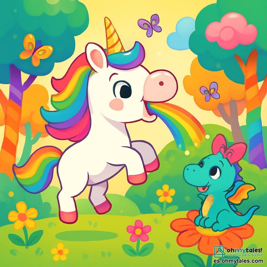 Una unicornio alegre, con una melena brillante de colores vivos (rosa, azul, verde) y un cuerno dorado brillante, se encuentra en el centro de la escena. Sus grandes ojos chispeantes expresan una inmensa alegría, mientras salta en el aire, dejando escapar un arcoíris luminoso por su nariz. A su lado, un pequeño dragón azul con una larga cola y alas diminutas, que lleva un gran lazo rosa en la cabeza, sonríe con asombro. Está sentado sobre una gran flor colorida, observando a la unicornio con admiración. El decorado es un fantástico Bosque de los Colores Locos, lleno de árboles de troncos multicolores que bailan, flores cantantes y nubes en forma de caramelos. Mariposas de alas brillantes vuelan alrededor, añadiendo un toque de magia al entorno. La escena muestra a la unicornio y al dragón divirtiéndose juntos, mientras la unicornio se prepara para un gran estornudo, lista para liberar un arcoíris brillante, mientras todos los animales del bosque se agrupan a su alrededor, ansiosos por ver el espectáculo.