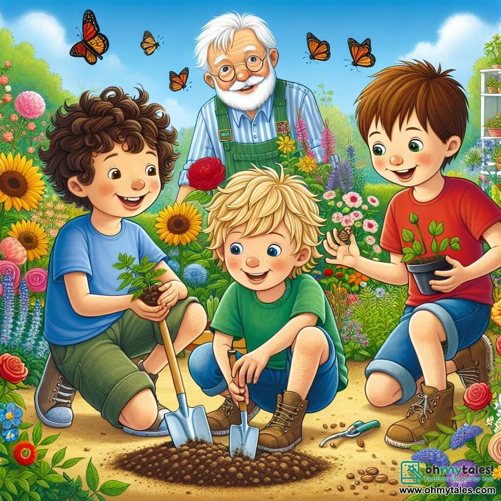 Three nine-year-old boys stand in the center of a colorful garden: Oliver, a boy with curly brown hair wearing a blue t-shirt and shorts, smiles while holding a small shovel; Max, a blond boy with sparkling eyes dressed in a red t-shirt and shorts, makes funny gestures with his dirt-covered hands; Leo, a boy with brown hair and round glasses, wearing a green t-shirt and jeans, carefully examines a seed he holds between his fingers. The garden is lush, filled with vibrant flowers – roses, sunflowers, and daisies – and growing vegetables, with butterflies fluttering around and bees buzzing happily. In the background, an elderly man, Mr. Thompson, with white hair and a neat beard, is crouched down planting seeds in the fertile soil, surrounded by flower pots. The scene shows the boys planting seeds in the garden, laughing and having fun while Mr. Thompson explains the importance of caring for nature. The sun shines in a clear blue sky, adding warmth and joy to this spring day.
