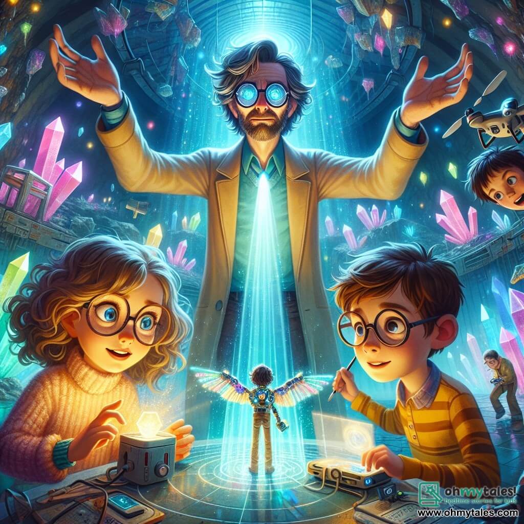 The main character is Dr. Eli Montrose, a man in his forties with tousled hair and thick glasses that highlight his sparkling blue eyes filled with excitement. He stands with arms spread wide in front of a large, glowing crystal pulsing with energy, his face radiating curiosity and wonder. Next to him is Ava, a twelve-year-old girl with curly hair and round glasses, leaning over a small device, her eyes shining with enthusiasm as she records data on a holographic screen. A little further away, Leo, a thirteen-year-old boy, is maneuvering a drone, his messy brown hair and a mischievous smile on his face. He watches the drone's flight closely, ready to land it near the crystal. The scene takes place in a vast underground chamber filled with sparkling crystals, where vibrant colors dance on the walls, creating a magical and mysterious atmosphere. The light from the central crystal illuminates the characters' faces, enhancing their wonder. The main situation shows the moment Dr. Montrose and his team discover the heart of the anomaly, an incredible energy source, and prepare to explore its secrets, filled with excitement and determination.