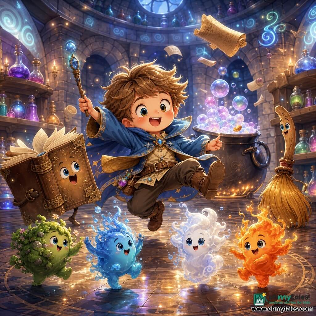 Main character: a 9-year-old apprentice wizard with a round, chubby face, tousled light brown hair, an oversized blue cloak, rosy cheeks and a joyful, awed expression; he dances with a big clumsy step holding a small wooden wand topped with a glowing stone. Secondary: a living brown leather grimoire with large drawn "eyes" on the cover, slightly open pages, sitting beside him as if encouraging him, smiling with fluttering pages. Secondary: four tiny elemental creatures (earth, water, air, fire) the size of a hand, in saturated moss green, light blue, wispy white and shimmering orange, dancing around him. Secondary: a mischievous small wooden broom with golden bristles nearby, leaning and watching the scene by a cauldron. Setting: circular alchemy amphitheatre with stone walls covered in swirling glowing motifs, stone arches, floating scrolls and colorful vials on shelves, polished tiled floor with magical sparkles. Main situation: a bright, dynamic scene of the apprentice dancing joyfully with the elementals after a failed potion; sweet steam bubbles rise from the cauldron, a rolled parchment floats above them, festive slightly chaotic atmosphere, vivid contrasting colors, composition centered on movement and happiness.