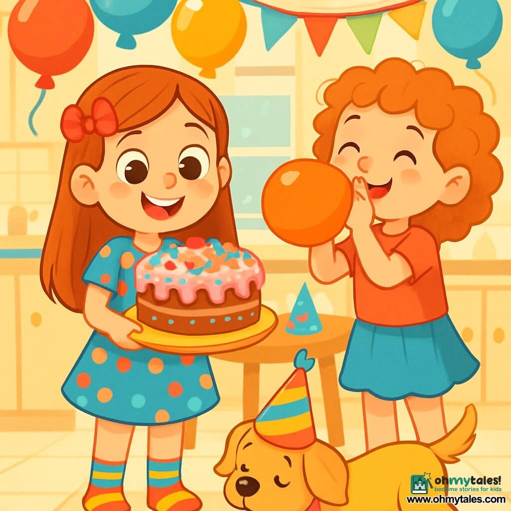 A 6-year-old girl named Lucy, with big bright eyes and a radiant smile, is at the center of the image. She wears a colorful polka dot dress and striped socks while holding a large plate of cake decorated with sprinkles and candies. Next to her is her best friend Emma, also 6, with curly hair and fair skin, blowing up colorful balloons with a big smile. Their small dog, Muffin, an adorable golden-haired puppy, wears a party hat that slips over his eyes, adding a comedic touch to the scene. The setting is a bright and cheerful kitchen adorned with colorful balloon garlands and a large table decorated with paper hats. In this illustration, Lucy and Emma are preparing for Lucy's birthday party, surrounded by laughter and joy, while Muffin tries to grab a falling piece of cake.