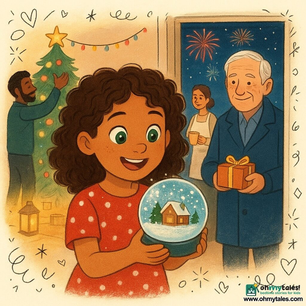 A joyful 10-year-old girl with curly brown hair and bright green eyes in a red polka-dot dress holds a sparkling snow globe as Mr. Thompson, a shy smiling man of about 70 with gray hair and a navy coat, offers a small package from the doorway; her father, about 40 with a short beard and wool jacket, hangs a light garland by the decorated Christmas tree to the left, while the mother, about 38 with hair tied and an apron, holds a cup of hot chocolate near the kitchen table in the background; the cozy living room features a tree with gold ornaments and a bright star, multicolored garlands, lanterns along the outside path seen through the open door, and a starry night with colorful fireworks reflecting red, blue, and gold on faces—an intimate festive moment of discovery, rendered in vivid contrasting colors, soft rounded lines, powdery snow-globe texture, and doodle overlays of stars, hearts, and confetti.