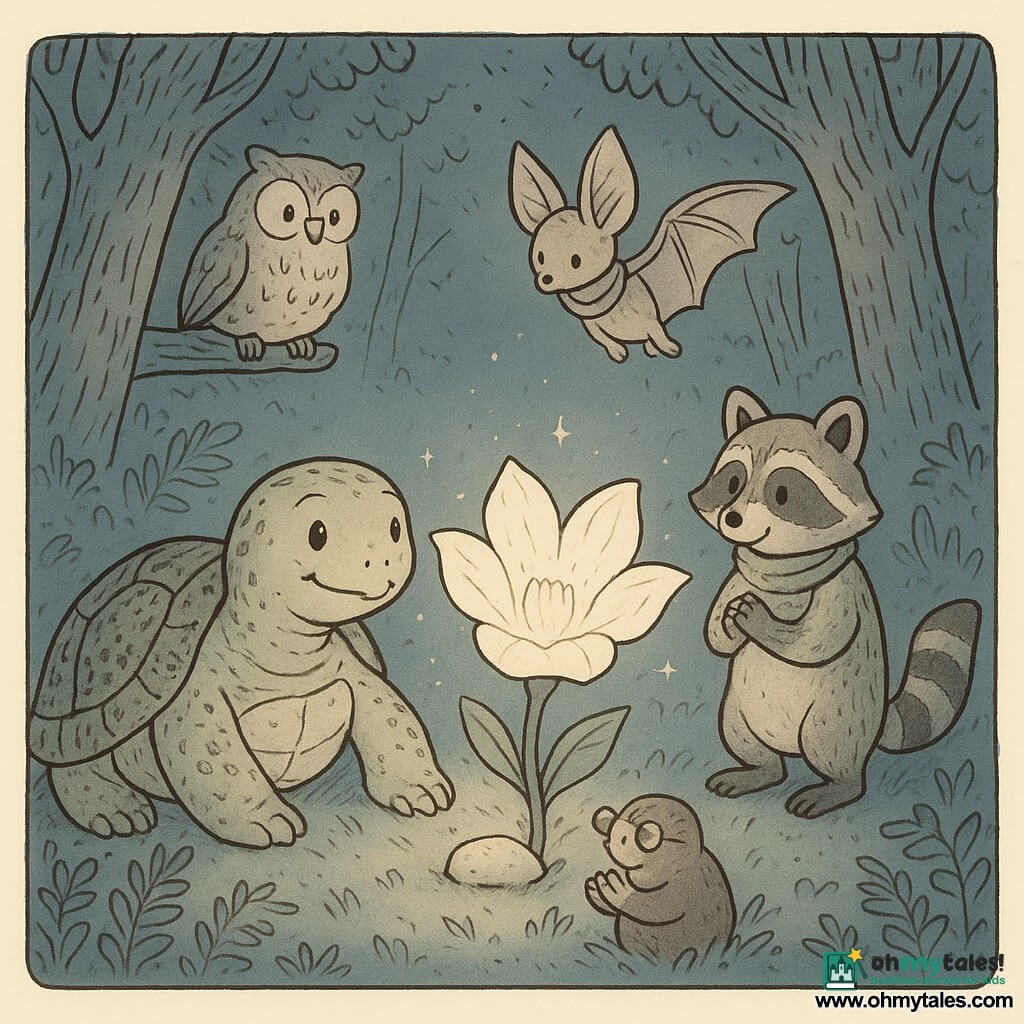 A slow, round female turtle with a ridged, moss-patterned shell, gentle bright eyes and a calm smile sits beside a moon-flower bud, one foot resting on a small glowing pebble; a delicate bat with folded wings like a scarf, curious eyes and large ears hovers above the turtle, marveling at the flower; a striped raccoon wearing a light scarf stands shyly to the right, smiling and observing; a small mole with a rounded snout and crumpled glasses pops out of a pile of leaves to the left, muddy paws applauding silently; an old owl with rumpled feathers and a wise gaze perches on a stump overseeing the clearing; the round glade has fine, silvery grass, low flowers, a few ferns and tall textured trees forming a protective circle; at the center the large moon-flower opens smooth translucent petals, emitting soft concentric light and tiny sparks; the friends watch the moon-flower open in a centered composition, tender expressions and a peaceful nocturnal atmosphere.