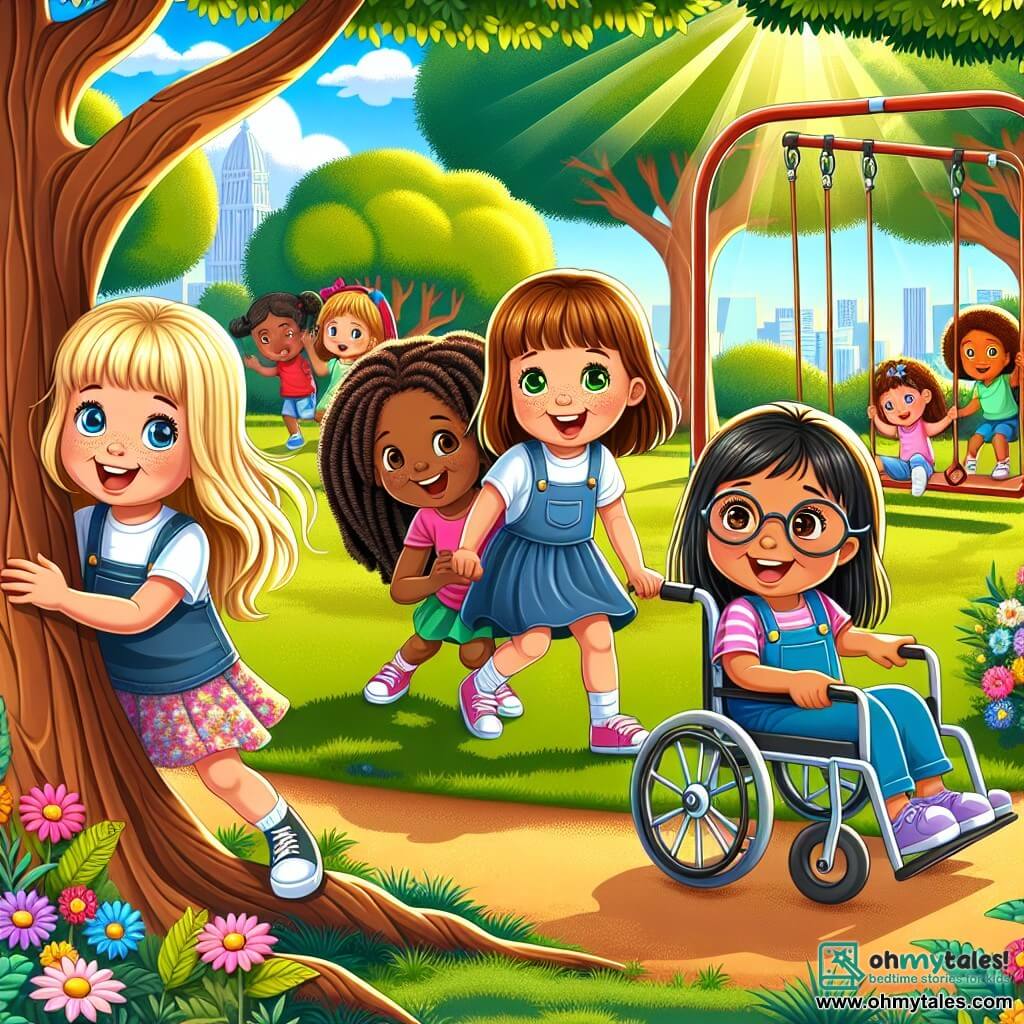 In a sunny park, four young girls are playing together. On the left, Emma, an 8-year-old with blonde hair and blue eyes, is joyfully hiding behind a large tree. Next to her, Lily, a 7-year-old with brown hair and freckles, is hiding behind a bush, giggling softly. In the center, Mia, an 8-year-old with black hair and brown eyes, is crouched behind a swing, ready to jump out. Finally, on the right, Sophie, a 9-year-old with brown hair and glasses, is in her wheelchair, smiling and watching her friends with enthusiasm. The park is filled with greenery, majestic trees, colorful flowers, and a bright blue sky. The children's laughter fills the air, creating a joyful and welcoming atmosphere. The scene shows the girls playing hide and seek, illustrating their friendship and acceptance, while Sophie, despite being in her wheelchair, actively participates and smiles, proving that friendship knows no bounds.