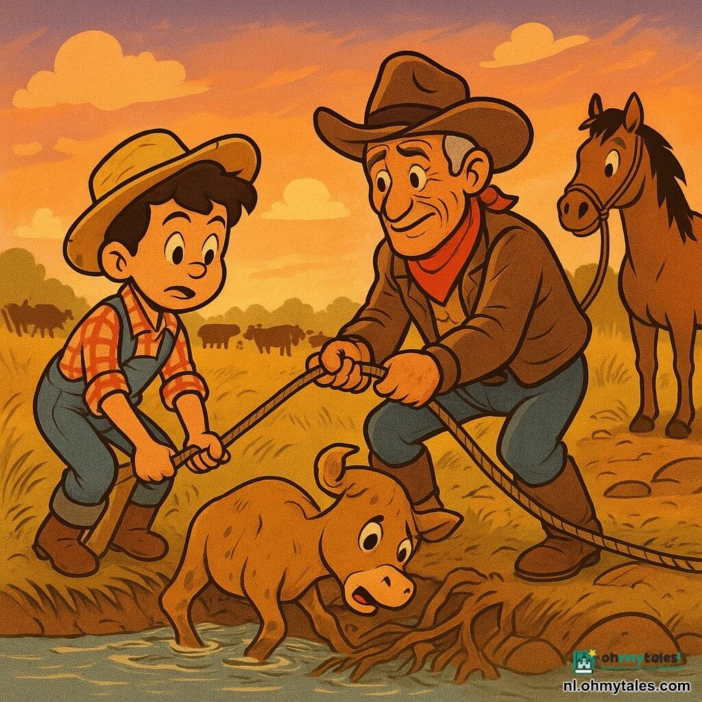 Een rijpe cowboy met gerimpeld gebruind gezicht, breed vilten hoed, rood bandana, stoffige leren jas en versleten laarzen trekt aan een touw om een vastzittend lichtbruin kalf van de modderige rivieroever te bevrijden; links van hem helpt een ongeveer 12-jarige jongen met warrig bruin haar, strohoed en opgerolde geruite mouw aan een noodplank. Het kalf zit met een poot tussen wortels in ondiep, licht stromend water, modder aan de zijkanten. Achteraan staat het bruine paard Wind rustig toe te kijken, terwijl de rest van de kudde een beschermende cirkel vormt. De plek is een slingerende rivierbocht met modderige oevers, hoge gouden prairiegrassen, natte rotsen en een geïmproviseerde plankbrug; de late namiddagzon werpt warme oranje-mauve reflecties op het ijsblauwe water en stofdeeltjes zweven in de lucht.