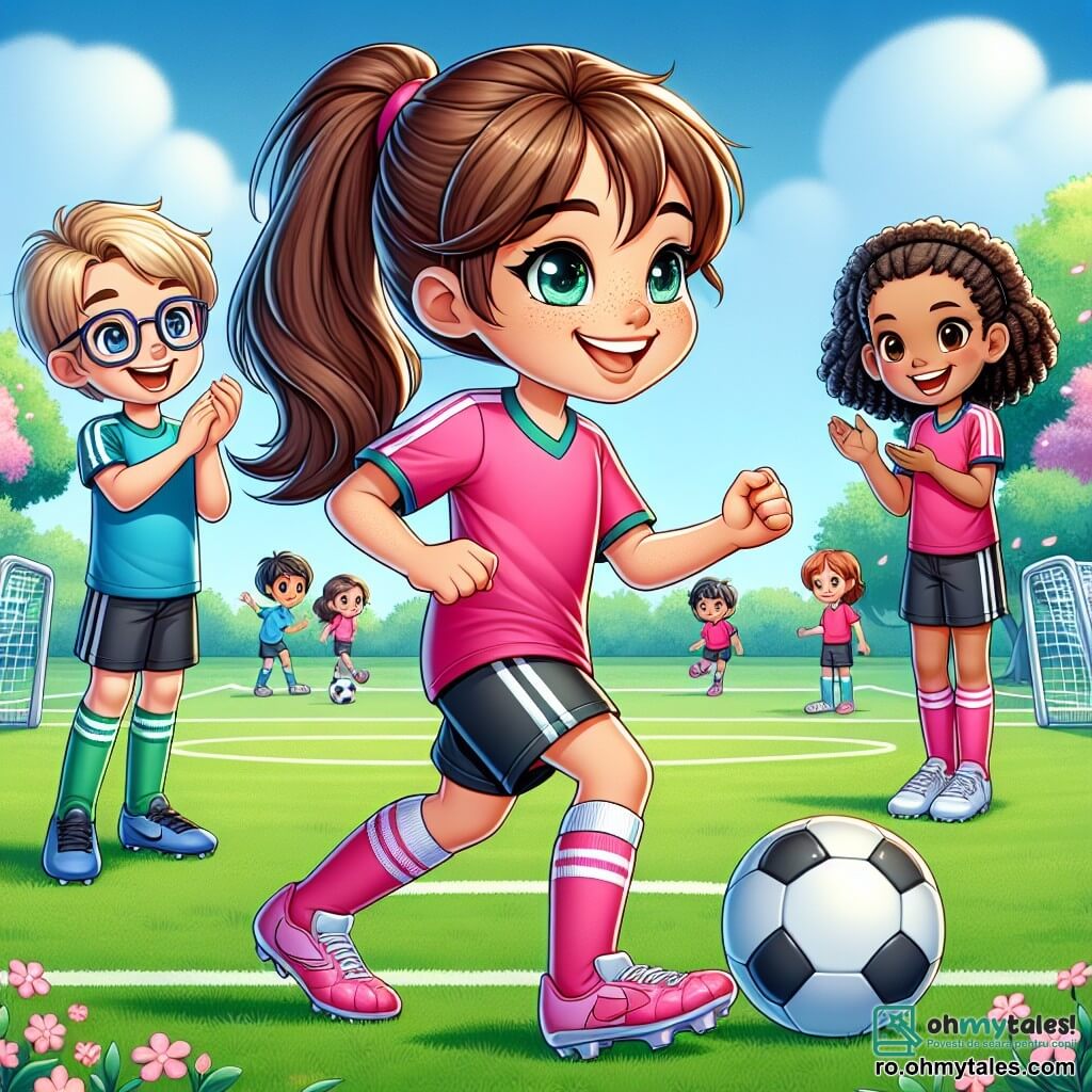 Ana, o fetiță de nouă ani, este în centrul imaginii, zâmbitoare și plină de energie, cu părul brun prins într-o coadă de cal. Poartă un tricou de fotbal roz și o pereche de pantaloni scurți negri, ținând o minge de fotbal la picioare, pregătită să dribleze. Ochii ei strălucesc de entuziasm și determinare. Lângă ea se află Alex, un băiat de aceeași vârstă, cu părul blond și ochelari, care aplaudă cu entuziasm, îmbrăcat într-un tricou albastru și pantaloni scurți verzi. Mai departe, Maria, o altă fetiță de nouă ani cu părul creț și un zâmbet radiant, se pregătește să paseze, purtând un tricou roșu și pantaloni scurți negri. Scena se desfășoară într-un parc verde, cu copaci înfloriți și un cer albastru deschis. Terenul de fotbal este bine delimitat, cu conuri de antrenament colorate împrăștiate în jur, iar alți copii se joacă în fundal, adăugând o atmosferă veselă. Situația principală o arată pe Ana driblând mingea cu încredere, înconjurată de prietenii ei, toți pregătiți să se distreze și să învețe împreună, ilustrând spiritul de echipă și pasiunea pentru fotbal.