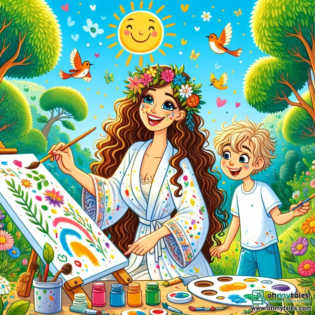 A young woman named Lily, with long curly light brown hair, smiles happily while painting on a canvas. She wears a white smock splattered with colorful paint, and her eyes shine with excitement. Next to her is a 7-year-old boy named Ben, with messy blonde hair and a blue t-shirt, attentively watching the canvas while holding a paintbrush. They are in a lush park, surrounded by tall trees with vibrant leaves and colorful flowers dancing in the sunlight. Birds sing in the blue sky, and a big smiling sun brightens the scene. Lily and Ben are painting together, creating joyful shapes and bright colors, filled with laughter and creativity.