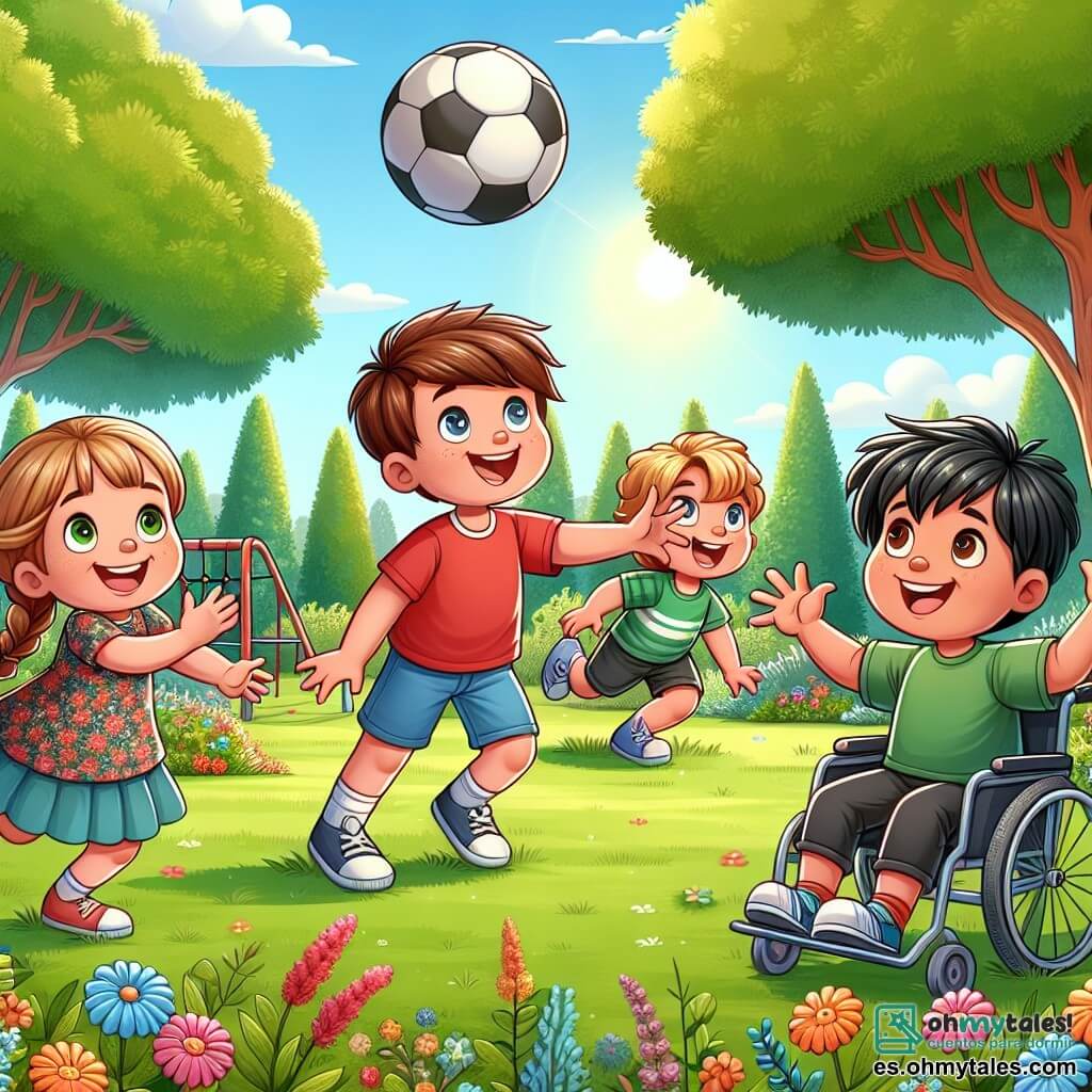 En un parque soleado, cuatro amigos se reúnen para jugar juntos. Juan (niño, 10 años) tiene cabello castaño y lleva una camiseta roja con un short azul. Está de pie, lanzando un balón con una gran sonrisa. Carla (niña, 9 años) tiene cabello rubio trenzado y lleva un vestido de flores. Está agachada, riendo y esperando su turno para atrapar el balón. Pablo (niño, 10 años) tiene cabello negro y lleva una camiseta verde y un short negro. Está corriendo hacia el balón, con los brazos extendidos, listo para atraparlo. Lucas (niño, 10 años) está en su silla de ruedas, con cabello castaño y una sonrisa alegre. Anima a sus amigos levantando los brazos, rodeado de flores coloridas y árboles verdes. La escena muestra la alegría de la amistad y la importancia de pasar tiempo al aire libre.