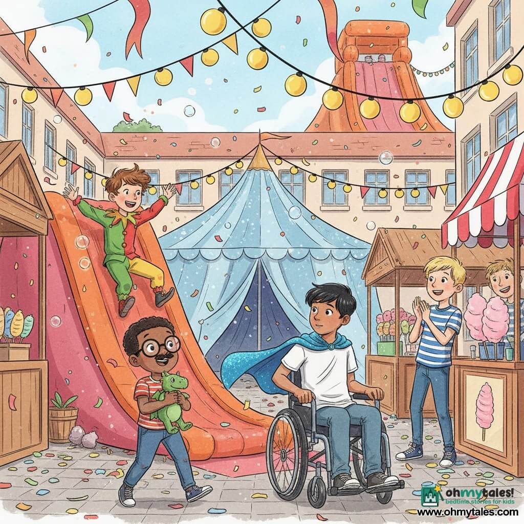 Four boys at a schoolyard carnival: a ~10-year-old with tousled brown hair in a colorful jester costume (red, yellow, green) laughing as he slides down a large inflatable slide (center-left); an ~11-year-old with short black hair in a wheelchair with a shimmering blue cape flowing behind him, propelling himself toward the bottom of the slide (center-right) and looking at his friends; an ~8-year-old small boy with oversized glasses and a fake mustache holding a small green plush dragon, waiting at the slide’s base in the foreground with a delighted face; and a ~10-year-old blond boy in a striped tee clapping and smiling near a cotton candy stand on the right. The schoolyard is festooned as a carnival with red-and-white striped banners, yellow lantern garlands, brightly painted wooden booths, a glittery tent and a large orange-pink inflatable slide dominating the background, paved ground strewn with confetti. The scene is dynamic and joyful—capes and hair in motion, soap bubbles and confetti in the air—rendered in colorful ink with crisp lines, saturated colors, soft shadows and detailed fabric and plush textures.