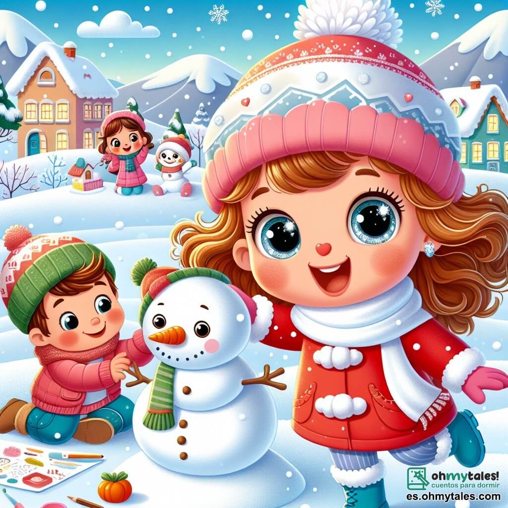 Una niña de 3 años llamada Lucía, con grandes ojos brillantes y cabello rizado, lleva un abrigo rojo, una bufanda blanca y botas azules. Salta de alegría en la nieve, con los brazos levantados y una gran sonrisa. Junto a ella, su amigo Tomás, un niño de 4 años con cabello castaño y una gorra verde, construye un muñeco de nieve, concentrado y sonriente, con una zanahoria como nariz. Un poco más lejos, Sofía, una niña de 4 años con cabello largo y liso, vestida con un abrigo rosa, dibuja un paisaje invernal en una hoja de papel, sentada en la nieve. El lugar es un pequeño pueblo nevado, rodeado de montañas, con casas coloridas y techos cubiertos de nieve. Copos de nieve caen suavemente del cielo azul claro, creando una atmósfera mágica y alegre. La escena principal muestra a Lucía y sus amigos divirtiéndose juntos en la nieve, creando recuerdos invernales llenos de risas y creatividad mientras preparan su proyecto artístico para la escuela.