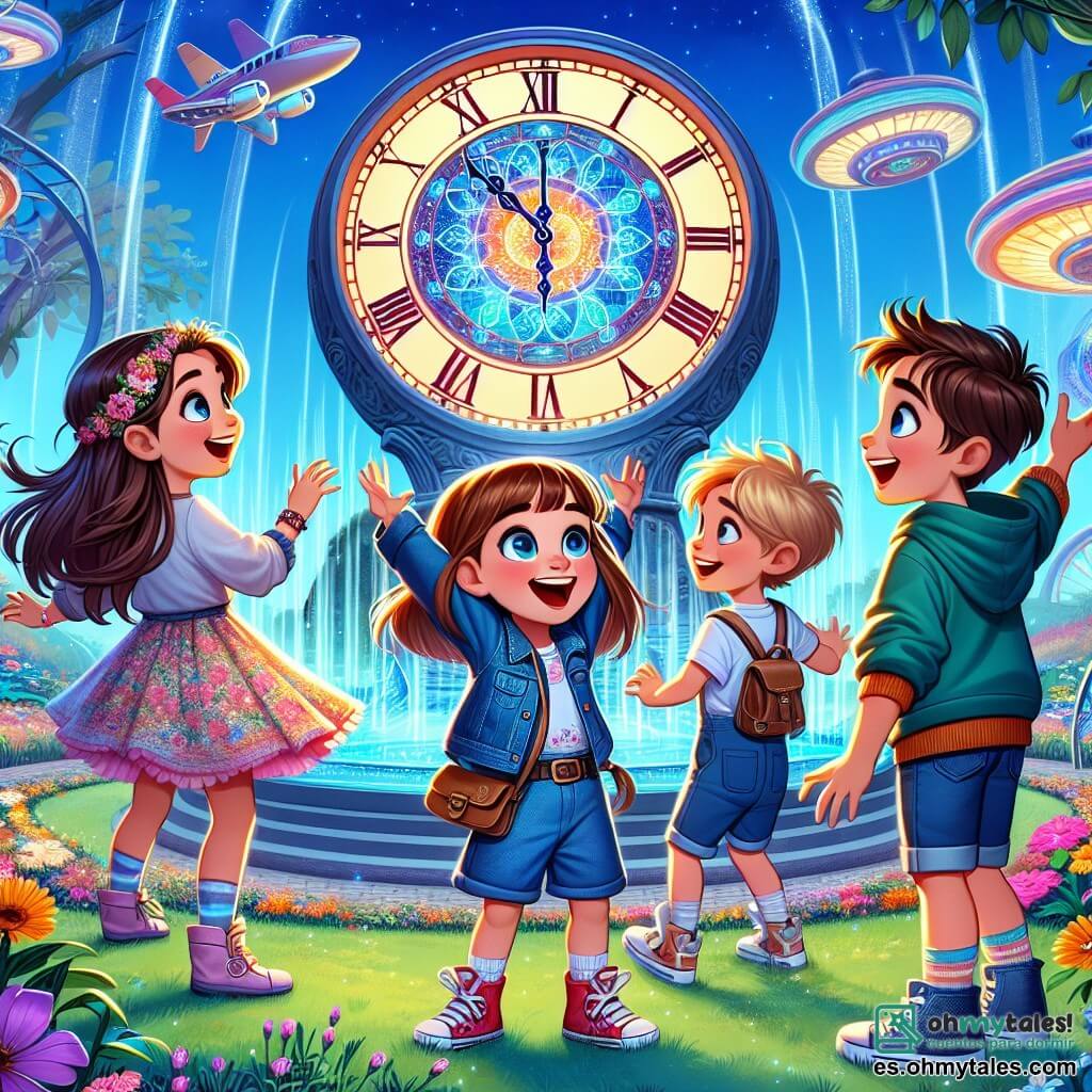 En un parque futurista, cuatro niños están juntos, maravillados por un gran y misterioso reloj mágico que brilla con colores vivos. Ana, una niña de 10 años con largos cabellos castaños y un vestido colorido con motivos de flores, observa el reloj con ojos llenos de curiosidad. Luis, un niño de 9 años con cabello corto y desordenado, lleva una camiseta azul y un pantalón corto rojo; señala el reloj con una gran sonrisa, lleno de emoción. Marta, una niña de 8 años con trenzas rubias y un overol de mezclilla, salta de alegría con los brazos levantados, llena de energía. Tomás, un niño de 9 años con cabello castaño y sudadera verde, mira el reloj con una mezcla de asombro y aprensión, un poco apartado. El parque está lleno de flores coloridas y árboles con hojas brillantes, y coches voladores pasan por el cielo azul. En el centro, el reloj mágico, grande y redondo, brilla intensamente, rodeado de un aura misteriosa. Los niños, de la mano, están a punto de tocar el reloj para comenzar su increíble viaje en el tiempo, ansiosos por descubrir las maravillas del pasado.