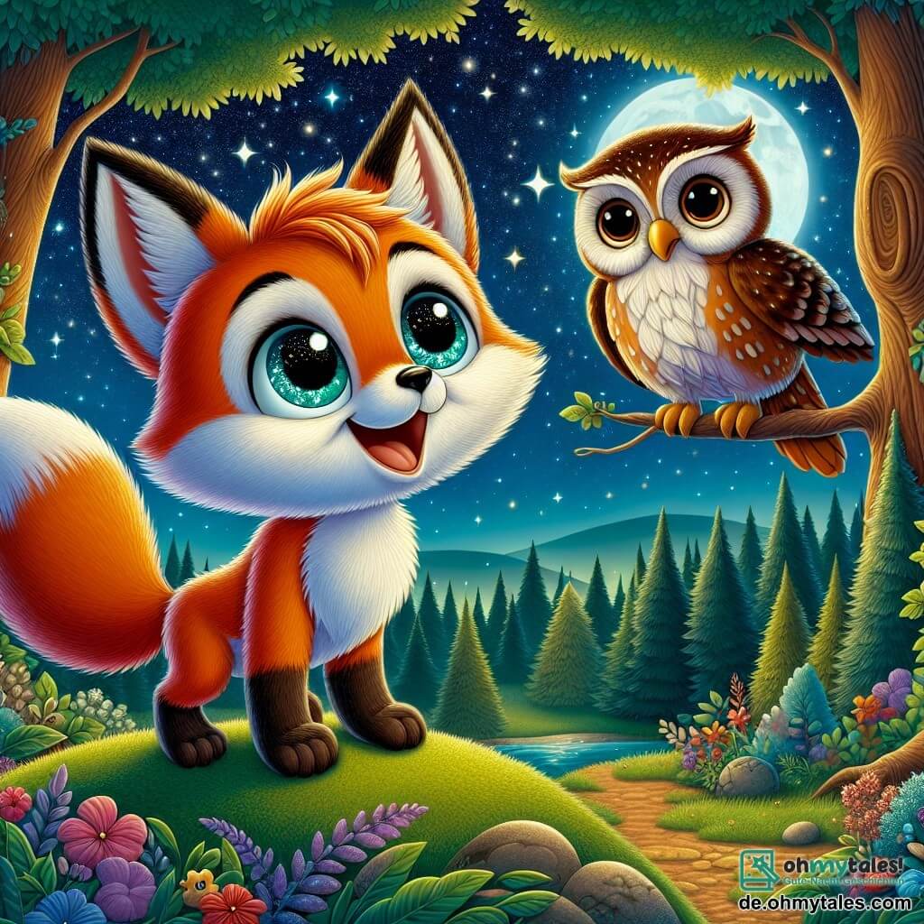 Ein junger Fuchs namens Felix mit leuchtend orangefarbenem Fell und neugierigen Augen steht auf einem kleinen Vorsprung und schaut staunend in den Sternenhimmel. Er zeigt eine Miene der Freude und des Staunens, seine Ohren sind aufgerichtet und sein Schwanz um seine Pfoten gewickelt. Neben ihm sitzt ein weiser alter Uhu namens Ulrich mit braun-weißen Federn und großen runden Augen auf einem Ast. Er hat einen ruhigen und wohlwollenden Ausdruck und beobachtet Felix mit einem leichten Lächeln, bereit, seine Weisheit zu teilen. Die Szene spielt in einem Mondschein in einem verzauberten Wald, wo majestätische Bäume stehen und deren Blätter im Sternenlicht funkeln. Der Boden ist mit bunten Blumen und sanften Gräsern bedeckt, was eine magische und friedliche Atmosphäre schafft. Felix, der Fuchs, betrachtet die Sterne und sucht nach Antworten auf die großen Fragen des Lebens, während Ulrich, der Uhu, ihn ermutigt, zu erkunden und den Sinn seiner Existenz zu entdecken.