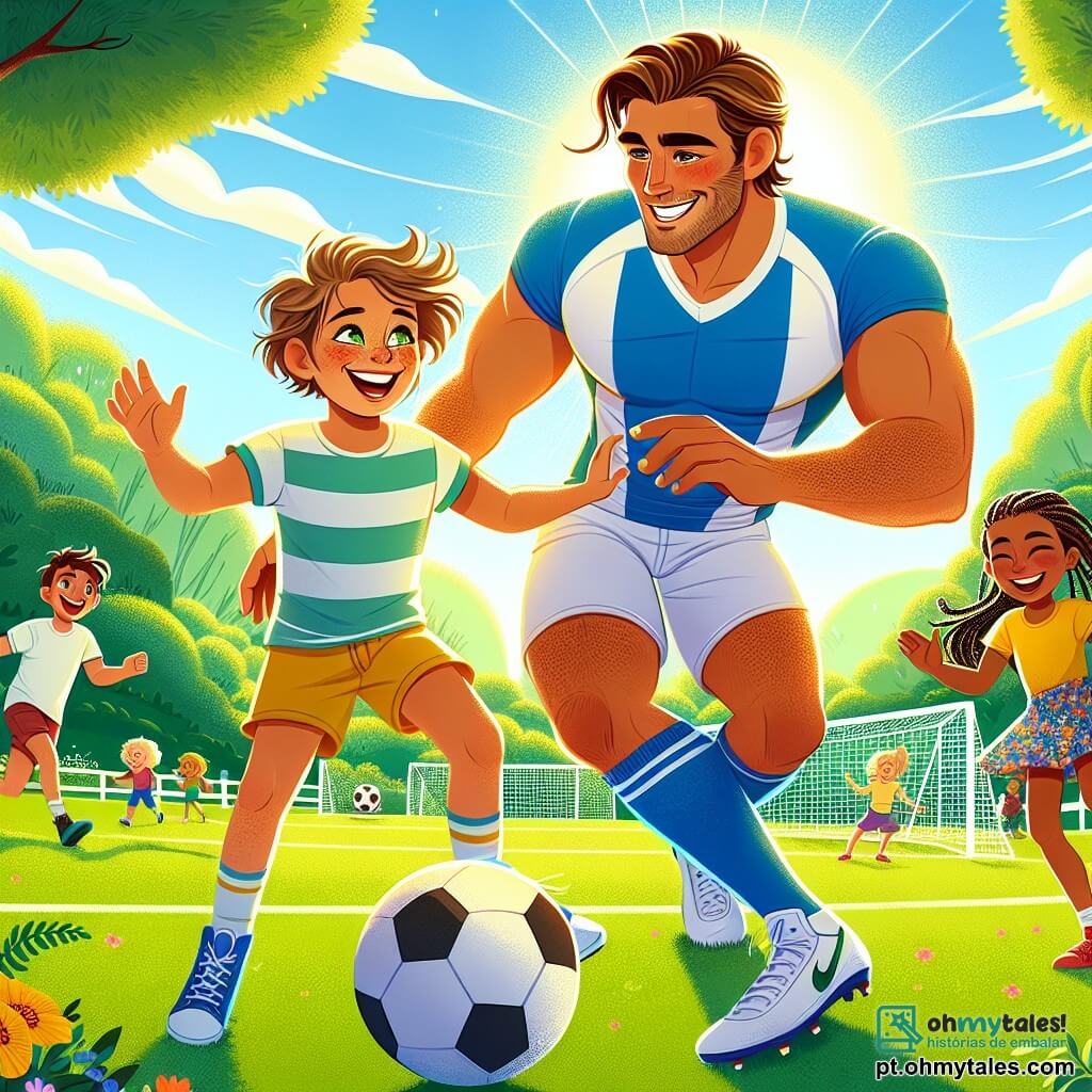 Um homem alto e musculoso, com um sorriso caloroso e cabelos castanhos, veste uma camisa de futebol azul e branca. Ele está driblando uma bola de futebol em um campo verdejante, seu rosto radiante de alegria e determinação. Ao seu lado, um garoto de 8 anos, com cabelos bagunçados e olhos brilhantes, usa uma camiseta amarela e shorts. Ele salta de alegria, aplaudindo seu herói enquanto tenta imitar seus movimentos. Um pouco mais longe, uma menina de 7 anos, com tranças e um vestido colorido, dança ao ritmo, incentivando os dois meninos com um grande sorriso. O local é um parque ensolarado, cheio de vegetação, com árvores majestosas e flores coloridas ao redor do campo de futebol. Ao fundo, podem-se ver crianças brincando e famílias fazendo piquenique, criando uma atmosfera alegre e animada. A situação principal mostra o homem, o garoto e a menina compartilhando um momento de felicidade, onde o herói ensina movimentos de futebol ao jovem, enquanto a menina dança e incentiva, ilustrando o espírito de amizade e compartilhamento em torno do esporte.