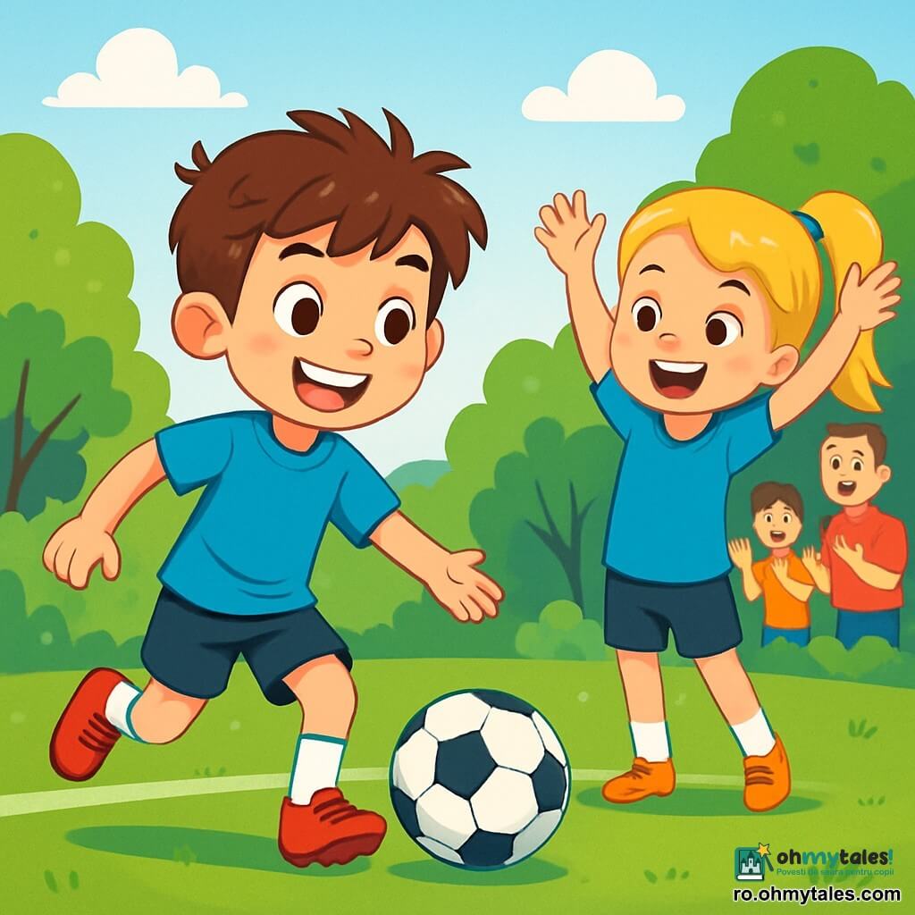 Un băiat de 10 ani, Alex, cu părul castaniu și ochii strălucind de bucurie, driblează o minge de fotbal pe un teren însorit. Poartă un tricou albastru, o pereche de pantaloni scurți negri și adidași roșii, având un zâmbet mare de entuziasm. Aproape de el, coechipiera sa Raluca, o fetiță de 9 ani cu părul lung și blond, poartă un tricou asortat și aplaudă încurajându-l, cu brațele ridicate. Terenul este înconjurat de verdeață, cu copaci verzi și spectatori veseli pe margini, toți zâmbind și aplaudând. Situația principală îl arată pe Alex în plină acțiune, pregătit să paseze mingea către Raluca, ilustrând spiritul de echipă și camaraderia în joc.
