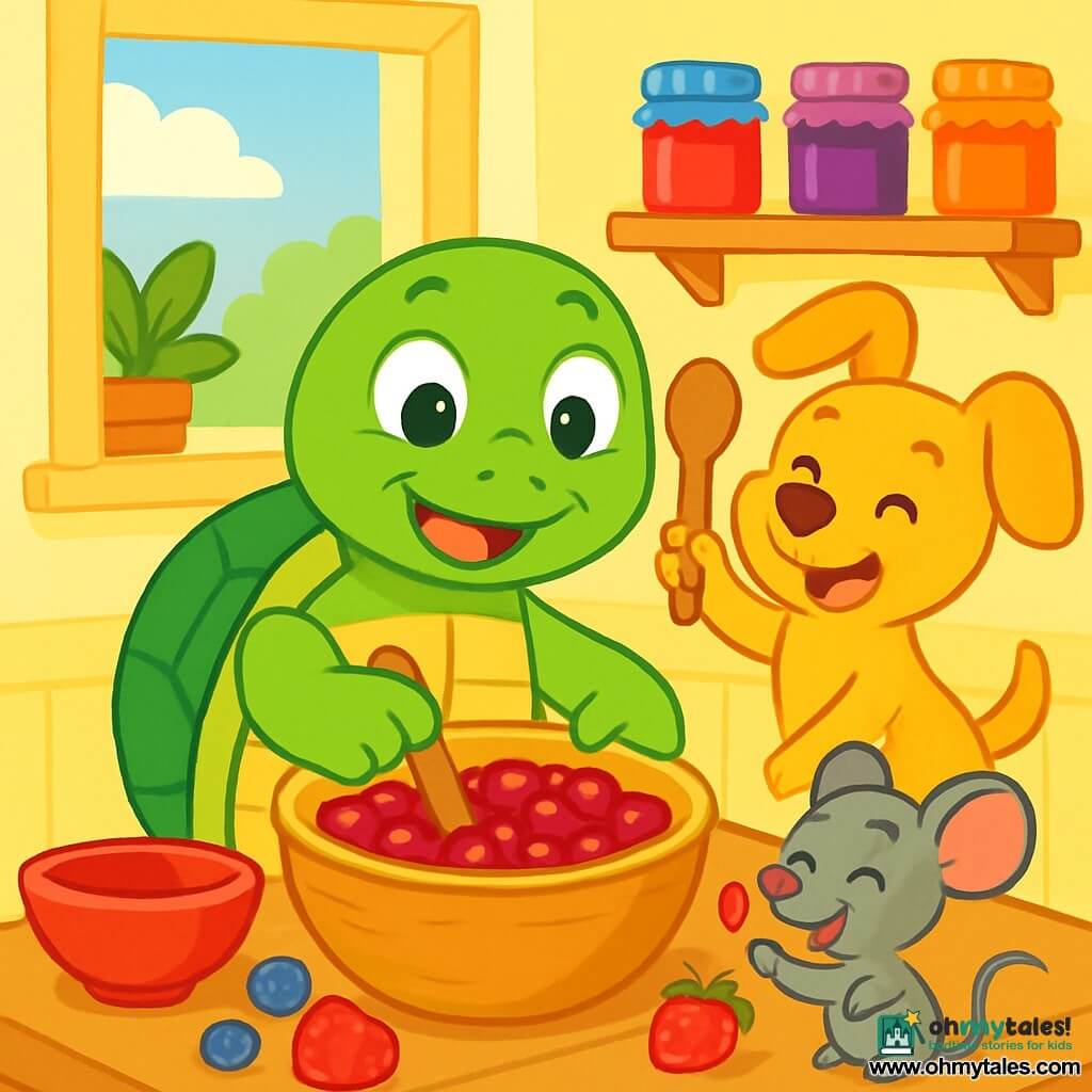 Toto the turtle, with a shiny green shell and sparkling eyes full of joy, is mixing red, juicy berries in a large wooden bowl, wearing a big smile. Pip the puppy, with his golden fur and floppy ears, jumps around Toto, eyes wide with excitement, holding a small wooden spoon. Mimi the mouse, with her gray fur and tiny paws, stands on the edge of the table, tasting a drop of jam with a delighted expression. The setting is a sunny kitchen, with pastel yellow walls, open windows letting in light, and shelves filled with colorful jars of jam. The main scene shows Toto and his friends making berry jam, laughing and having fun together, surrounded by fresh fruits and kitchen utensils, creating a joyful and friendly atmosphere.