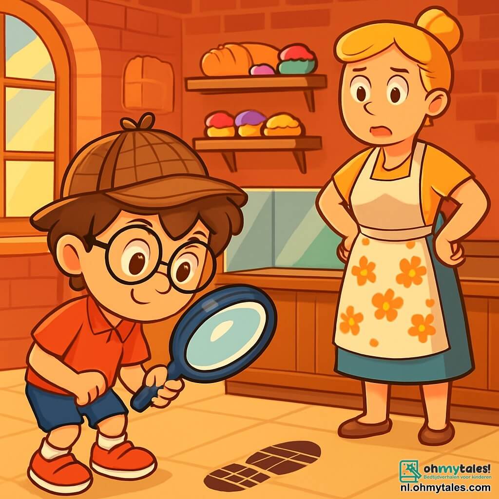Een jonge jongen, Sam, zes jaar oud, met rommelig bruin haar en ronde bril, kijkt aandachtig naar een schoenafdruk op de grond. Hij draagt een kleine detectivepet en houdt een grote vergrootglas vast, zijn gezicht is geconcentreerd en nieuwsgierig, met sprankelende ogen van opwinding. Naast hem staat een vrouw, mevrouw Roos, de bakkerij, ongeveer 40 jaar oud, met blond haar in een knot en een bloemen schort, met een bezorgde blik en haar handen op de heupen, voor een grote lege vitrine van haar bakkerij. De bakkerij is warm en uitnodigend, met rode bakstenen muren, planken vol kleurrijke gebakjes en een zachte gouden licht dat door de ramen filtert. De belangrijkste situatie toont Sam die de schoenafdruk onderzoekt, terwijl mevrouw Roos om zich heen kijkt, hopend haar waardevolle verdwenen koekjes terug te vinden.