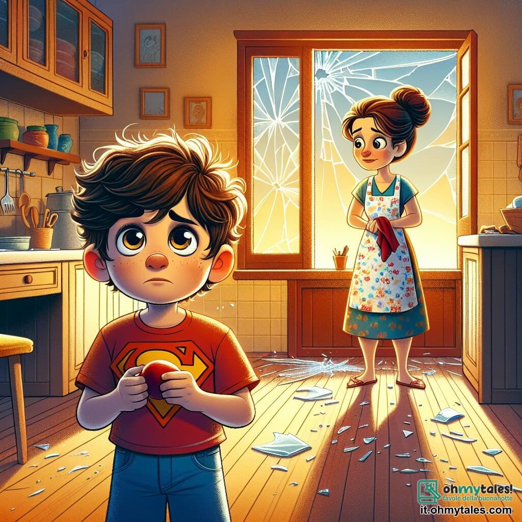 Un ragazzo di 8 anni, Matteo, con i capelli castani disordinati e gli occhi pieni di curiosità, si trova al centro dell'immagine, con un'espressione di colpa e preoccupazione. Indossa una maglietta rossa con un disegno di supereroe e un pantaloncino blu, tenendo una piccola palla rossa nelle mani tremanti. Alla sua destra, la mamma, una donna di circa 30 anni con i capelli castani raccolti in un chignon, con un sorriso dolce ma preoccupato, si trova vicino alla finestra rotta, guardando Matteo con comprensione. Indossa un grembiule colorato e tiene un canovaccio in mano. L'ambientazione è una cucina calda e accogliente, con muri gialli e mobili in legno. La luce del sole filtra attraverso la finestra rotta, illuminando i frammenti di vetro sparsi sul pavimento. La situazione principale mostra Matteo che confessa alla mamma di essere responsabile della finestra rotta, mentre si trova lì, esitante, pronto ad affrontare le conseguenze della sua menzogna.