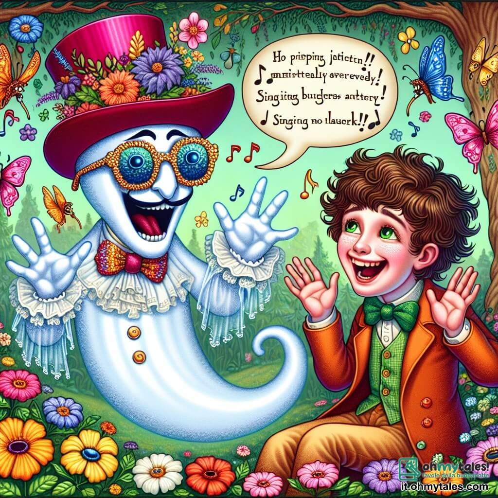 Un fantasma gioioso di nome Fantasmino fluttua nell'aria, con occhiali da sole brillanti e un cappello a cilindro colorato. Il suo volto è radioso di felicità e ride raccontando una barzelletta. Accanto a lui, un ragazzo di nove anni di nome Leo, con capelli ricci color cioccolato e occhi verdi scintillanti, ride a crepapelle, con le braccia alzate in segno di gioia. Si trovano entrambi nel Giardino delle Risate, un luogo magico pieno di fiori colorati che ridono e danzano, con alberi dai tronchi sorridenti e farfalle cantanti che svolazzano intorno a loro. La scena mostra Leo e Fantasmino mentre condividono barzellette, circondati da un'atmosfera di felicità e risate, mentre i fiori sembrano inchinarsi per ascoltare le loro storie divertenti.