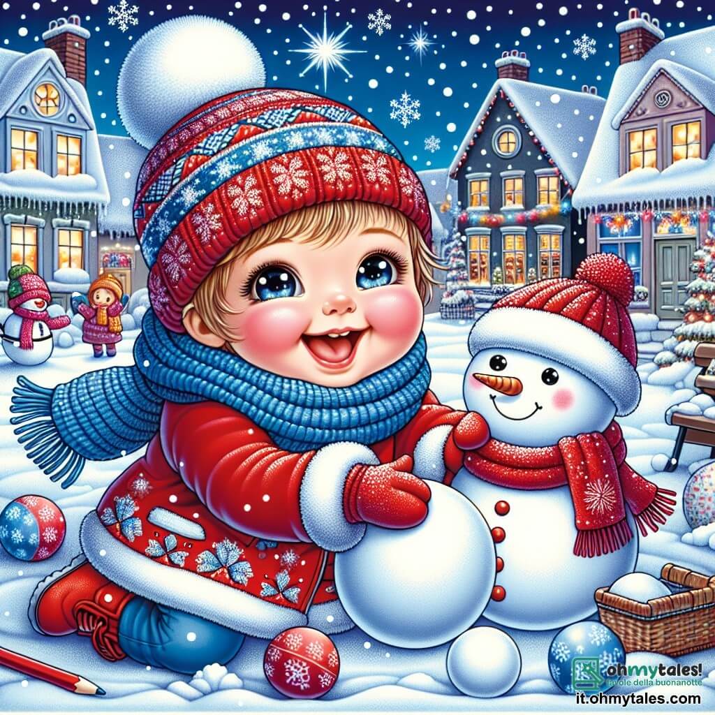 Una bambina di un anno, con grandi occhi brillanti e guance rosa, ride felice mentre gioca nella neve. Indossa un cappotto rosso vivo, una sciarpa blu e un berretto di lana con un pon-pon. Accanto a lei c'è un pupazzo di neve, con un grande sorriso, un cappello rosso e una sciarpa blu, che la incoraggia a costruire altri pupazzi di neve. Lo sfondo è una pittoresca strada innevata, con case dai tetti coperti di neve, luci colorate che brillano alle finestre e fiocchi di neve che cadono dolcemente dal cielo stellato. La scena principale mostra la bambina e il pupazzo di neve mentre rotolano palle di neve per creare un nuovo pupazzo, circondati da risate e gioia, illustrando lo spirito del Natale e la magia dell'amicizia.