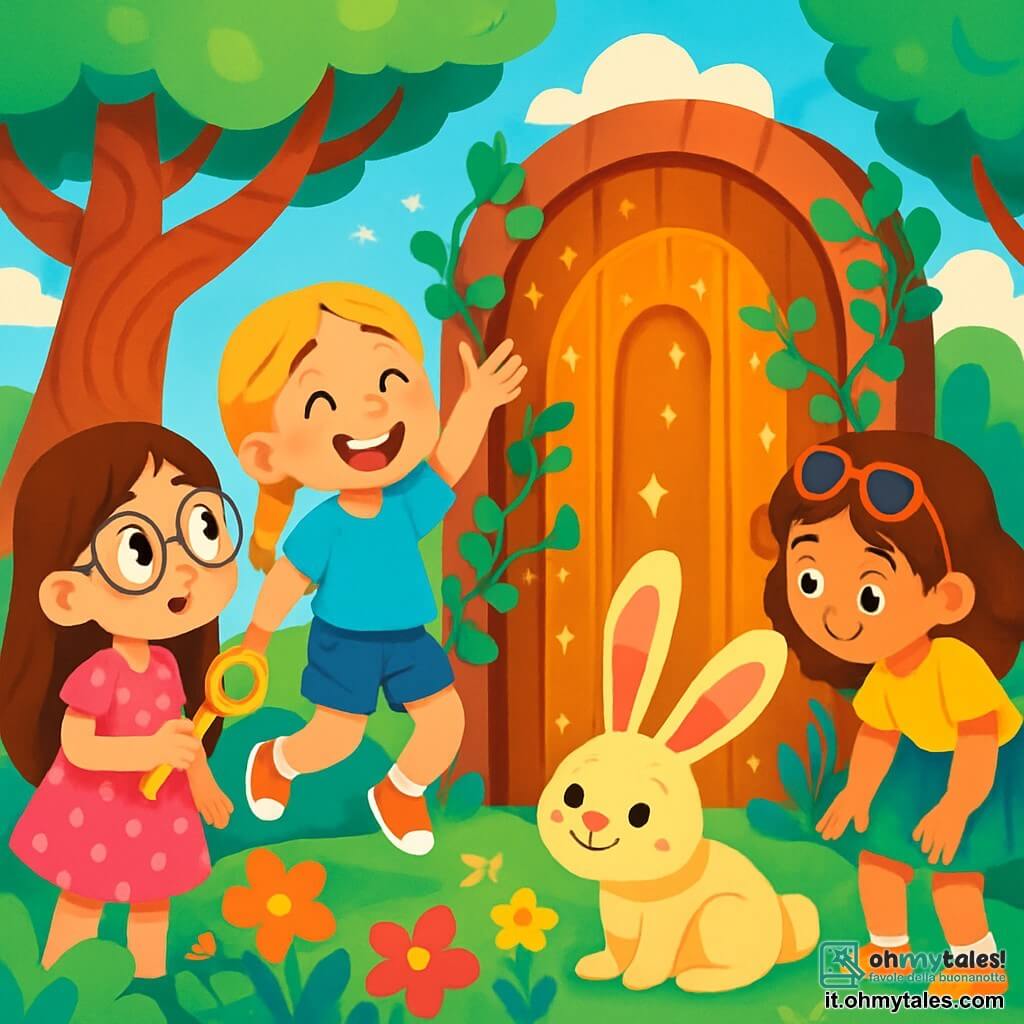 Ci sono 3 personaggi: - Giulia: una ragazza di 8 anni con lunghi capelli castani e occhiali rotondi. Indossa un vestito rosa a pois e tiene in mano una chiave d'oro brillante. È a sinistra, guardando con meraviglia la porta segreta. - Emma: una ragazza di 7 anni con capelli biondi intrecciati e un sorriso radioso. Indossa una maglietta blu e un pantaloncino di jeans. È al centro, saltando di gioia mentre indica la porta magica. - Sofia: una ragazza di 8 anni con capelli castani ricci e occhiali da sole sulla testa. Indossa una gonna verde e una maglietta gialla. È a destra, chinata per osservare il terreno, dove si trova un coniglio gigante con orecchie lunghe e colorate. L'ambientazione è un giardino incantato, pieno di fiori multicolori, alberi con tronchi a spirale e una grande porta di legno decorata con edera e motivi scintillanti. Il cielo è di un blu brillante, punteggiato da nuvole a forma di caramelle. La scena principale mostra le tre amiche che scoprono la porta segreta che conduce a un mondo magico, con espressioni di sorpresa ed eccitazione sui loro volti, mentre un coniglio gigante le osserva con un sorriso malizioso.
