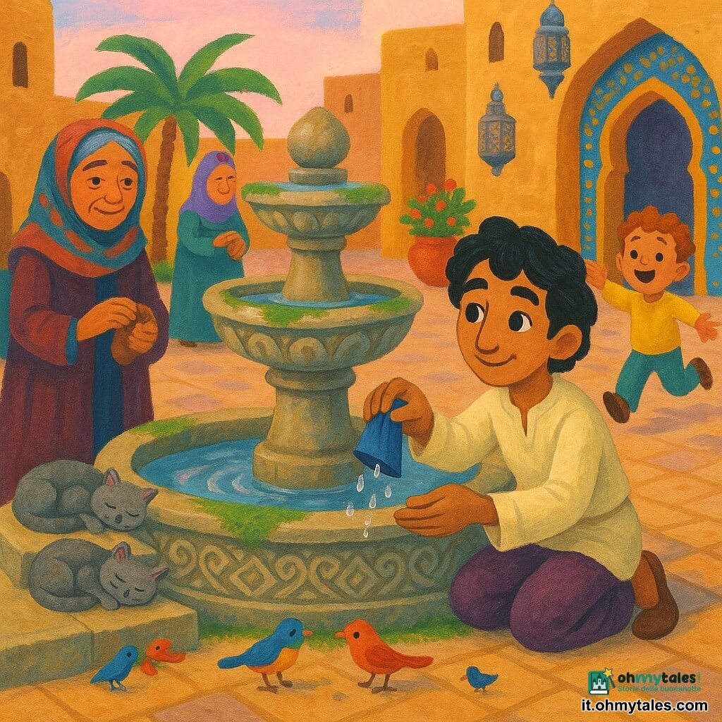 Giovane uomo inginocchiato al bordo di una fontana antica, sorride dolcemente, occhi grandi e luminosi, pelle olivastra, capelli neri ondulati; versa con cura la rugiada da un piccolo panno blu nell'acqua, volto pieno di speranza. Donna anziana (Yasmina), circa 65 anni, pelle rugosa, mani sottili, capelli grigi coperti da un foulard colorato, sullo sfondo a sinistra con un sacchettino di semi profumati, guarda la fontana con tenerezza. Bimbo di circa 6 anni, capelli corti e ricci, carnagione chiara, corre verso la fontana a destra a braccia aperte, gioioso e meravigliato. Due gattini grigi addormentati sui gradini della fontana e alcuni passerotti colorati che beccano briciole vicino al bordo. Piazza centrale ispirata alle Mille e Una Notte: lastrico di pietre calde, palme, lanterne in metallo cesellato sospese, muri ocra con mosaici blu e dorati, vasi di terracotta. Fontana centrale in pietra scolpita, vasche tonde sovrapposte, motivi arabeggianti, leggera muffa verde sui bordi, acqua calma che riflette il cielo rosa del mattino. Situazione principale: gesto semplice e tenero — l'uomo versa la rugiada nella fontana; la scena è immersa in una luce morbida e dorata, i volti esprimono dolcezza, speranza e meraviglia.