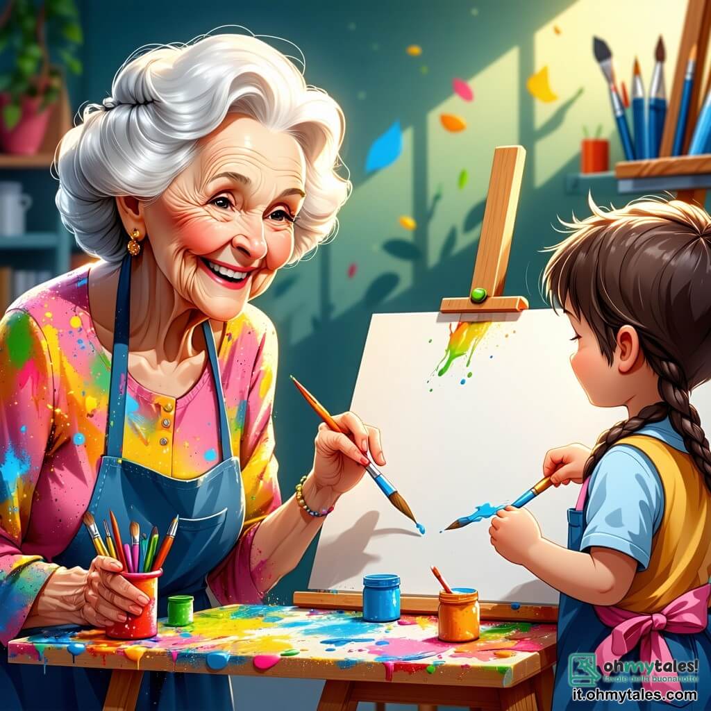 Una donna anziana, con la pelle morbida e rugosa e capelli bianchi come la neve, sorride gioiosamente mentre tiene un grande pennello in mano. Indossa un camice macchiato di vernice multicolore, i suoi occhi brillano di entusiasmo e passione per l'arte. Accanto a lei, una ragazza di 8 anni, con capelli rossi intrecciati e occhi scintillanti, osserva attentamente la tela bianca, con un sorriso meravigliato sul volto. Un ragazzo di 7 anni, con capelli castani in disordine, si diverte a mescolare i colori su una tavolozza, con le mani piene di vernice, ridendo a crepapelle. La scena si svolge in un giardino soleggiato, pieno di fiori colorati e alberi verdi, con una grande tela bianca installata su cavalletti di legno. Barili di vernice e pennelli sono sparsi intorno a loro, creando un'atmosfera gioiosa e creativa. I bambini si preparano a dipingere insieme un'opera collettiva, piena di colori vivaci e immaginazione, mentre la donna li incoraggia con uno sguardo benevolo, creando un'atmosfera di condivisione e gioia.