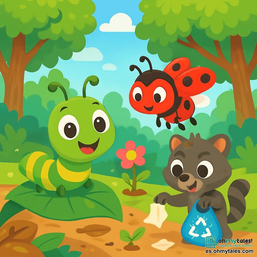 Una pequeña oruga verde con rayas amarillas, llamada Oli, está en una hoja brillante, con sus grandes ojos curiosos brillando de emoción. Sonríe ampliamente, con sus antenas temblando, mientras observa su colorido entorno. A su lado, una mariquita roja con puntos negros, Lila, con una expresión alegre, vuela ligeramente sobre el suelo, lista para ayudar. Más lejos, un pequeño mapache llamado Roco, con pelaje gris y ojos traviesos, recoge basura con una pequeña pata, mostrando un aire decidido. El escenario es un hermoso bosque verde, lleno de árboles majestuosos con hojas brillantes, flores multicolores y un cielo azul claro salpicado de nubes blancas y esponjosas. En el suelo, hojas caídas y ramitas crean una alfombra natural. La situación principal muestra a Oli y sus amigos trabajando juntos para limpiar el suelo, recogiendo basura y plantando flores, unidos en su misión de salvar su amado bosque.