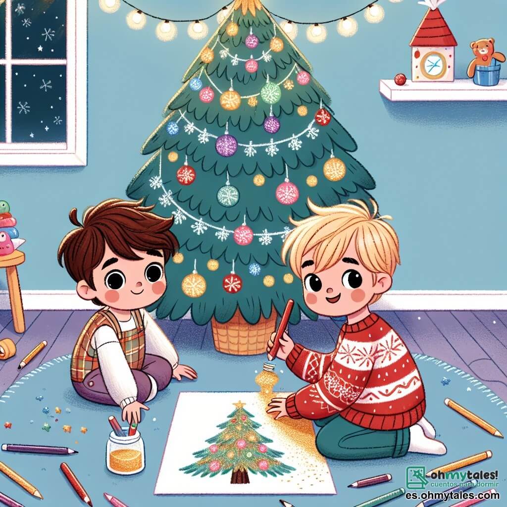 Nico es un niño de cuatro años, con cabello castaño desordenado y ojos llenos de curiosidad. Está sentado en el suelo, rodeado de crayones de colores, dibujando un gran árbol de Navidad en una hoja de papel. A su lado, su amigo Leo, también de cuatro años, tiene cabello rubio y lleva un suéter rojo con motivos de copos de nieve. Sostiene un frasco de purpurina dorada, listo para añadirlo al dibujo. La escena ocurre en la habitación de Nico, decorada con guirnaldas luminosas y un gran árbol de Navidad en una esquina. Las paredes son de color azul claro y hay juguetes coloridos esparcidos por el suelo, creando un ambiente festivo y alegre. La situación principal muestra a Nico y Leo, concentrados y sonrientes, decorando el dibujo con purpurina, transformando su obra en un regalo brillante y especial para la abuela de Nico.