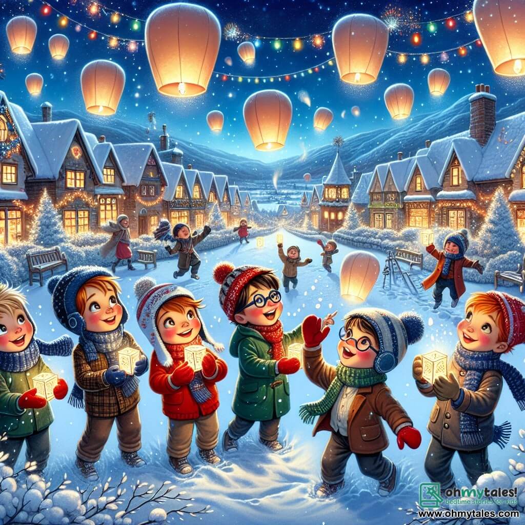 In a magical New Year's celebration scene, five boys are gathered in the heart of a snowy village. Jack, an 8-year-old with red hair and red mittens, smiles while holding a colorful lantern. Next to him, Ben, a 7-year-old with a large blue hat that falls over his eyes, laughs while trying to catch a snowflake. Oliver, a 9-year-old with brown hair and round glasses, writes his wish on a piece of paper with a focused expression. Sam, an 8-year-old with blonde hair and a bright smile, is jumping for joy, while Timmy, a 6-year-old with a red nose and a big frown, watches the lanterns float away in wonder.

The village is decorated with glowing lanterns, sparkling garlands, and gently falling snowflakes, creating a fairy-tale atmosphere. The wooden houses are covered in snow, and fireworks light up the starry sky, adding a touch of magic to the scene.

The five friends, surrounded by the joy of the celebration, release their lanterns into the sky, each carrying a wish for the new year, while fireworks explode above them, creating a dazzling spectacle.