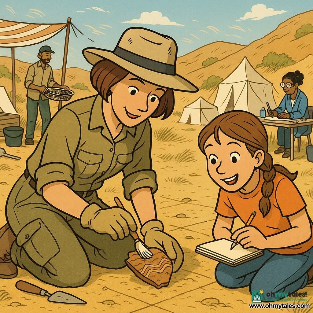 Archaeologist Lina, about 35, slightly tanned, brown bob, wide-brim hat, rolled-up khaki shirt, cargo pants and gloves, kneels and gently brushes a small wavy-decorated pottery sherd with a trowel beside her; nearby, 11–12-year-old June, light brown hair in a braid, wide-eyed and excited, crouches to the right with a notebook and pencil, closely observing and taking notes; in the background left, Malik, about 28, olive-skinned with a short beard and cap, stands by a shade cloth holding a metal sieve and a wooden toolbox; to the right and a bit back, conservator Amara, 30–40, in a blue smock and magnifying glasses, readies tweezers and cotton at an improvised lab table; the setting is a wide sandy valley with low hills, ochre dusty ground, a grid marked by cord lines, small white tents, a striped shade tarp, buckets, shovels and sieves on planks, bright windy conditions with dry grasses moving — the moment captures the precise discovery and care: Lina cleaning the sherd in the foreground while the coordinated team prepares and documents in the background.