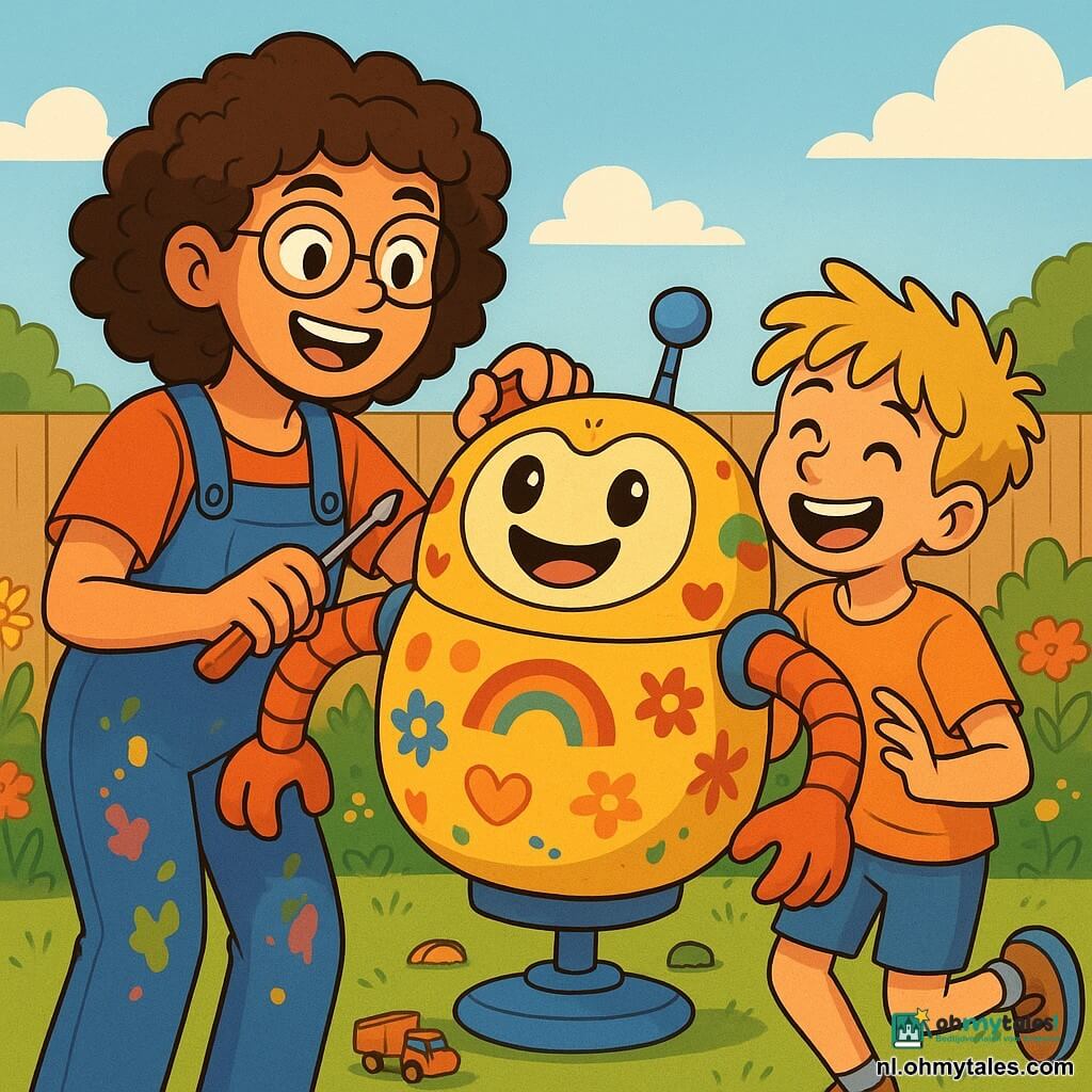 Een jonge vrouw genaamd Lotte, met krullend haar en een bril met ronde glazen, glimlacht enthousiast terwijl ze haar grappige knuffelmachine afstelt. Ze draagt een blauwe overall die vol verfspatten zit en houdt een schroevendraaier in één hand, met fonkelende ogen van vreugde. Naast haar staat haar buurjongen Tim, een tienjarige jongen met rommelig blond haar, die lacht terwijl hij probeert de uitschuifbare armen van de machine te ontwijken die zich voorbereiden om hem te omhelzen. De scène speelt zich af in Lotte's zonnige tuin, omringd door kleurrijke bloemen en verspreide speelgoedjes, met een heldere blauwe lucht op de achtergrond. De knuffelmachine, rond en zacht, is versierd met vrolijke patronen en lijkt klaar om knuffels te geven aan iedereen die dichterbij komt. Lotte en Tim staan in het midden van het beeld, omringd door een sfeer van geluk en opwinding, terwijl ze zich voorbereiden om Lotte's bizarre uitvinding uit te proberen.