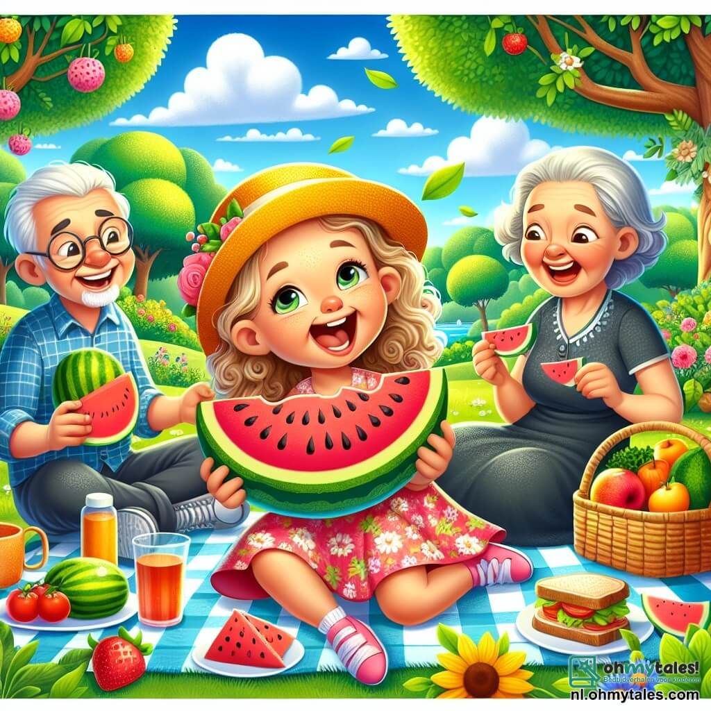 Een 4-jarig meisje, Lotte, met krullend blond haar en een grote blije glimlach, draagt een mooie bloemenjurk en een klein geel hoedje. Ze zit op een picknickdeken, omringd door heerlijke kleurrijke gerechten, zoals fruit en sandwiches. Naast haar zit haar grootmoeder, een oudere vrouw met grijs haar en ronde bril, die teder glimlacht terwijl ze een bord met verse tomaten vasthoudt. Haar grootvader, een oudere man met een witte baard, lacht terwijl hij een spel met Lotte speelt, tegenover haar op de deken. De locatie is een mooi groen park, met grote bomen met glanzende bladeren en kleurrijke bloemen die in de bries dansen. De lucht is helderblauw, met enkele donzige witte wolken. De hoofdscène toont Lotte, vol enthousiasme, terwijl ze een stuk sappige watermeloen met haar familie deelt, terwijl ze samen lachen en gelukkige herinneringen creëren tijdens hun zomerse picknick.