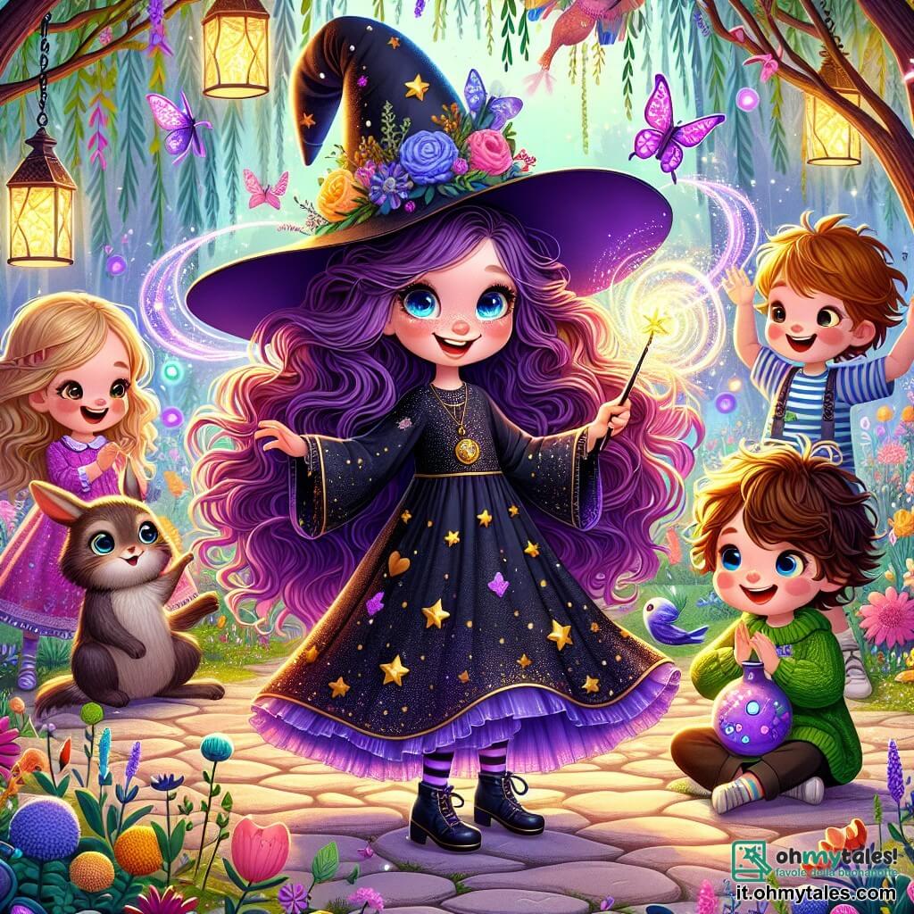 Al centro dell'immagine, una giovane strega di nome Lilla, di circa 10 anni, sorride con vivacità, i suoi occhi brillano di malizia. Ha lunghi capelli ricci di colore viola, un vestito nero decorato con stelle dorate e un cappello a punta leggermente inclinato. Lilla fa volteggiare la sua bacchetta magica, circondata da una nuvola di creature magiche colorate che danzano attorno a lei. Accanto a lei, la sua migliore amica Bianca, una ragazza di 10 anni con capelli biondi e occhi blu, indossa un abito verde con motivi floreali e ride felice mentre tiene in mano una pozione scintillante, pronta ad aiutare Lilla a controllare il caos magico. Più lontano, si vede Tontolino, un ragazzo di 9 anni con capelli castani arruffati, che applaude e ride seduto su una panchina di legno. La scena si svolge in un grande giardino incantato, pieno di fiori multicolori, alberi alti con foglie brillanti e lanterne fluttuanti che illuminano l'atmosfera. Farfalle e uccelli magici volano intorno, aggiungendo alla magia del momento. La situazione principale mostra Lilla in mezzo a un balletto di creature fantastiche che danzano attorno a lei, creando un turbine di gioia e risate, mentre il sole tramonta all'orizzonte, tingendo il cielo di sfumature dorate e rosa.
